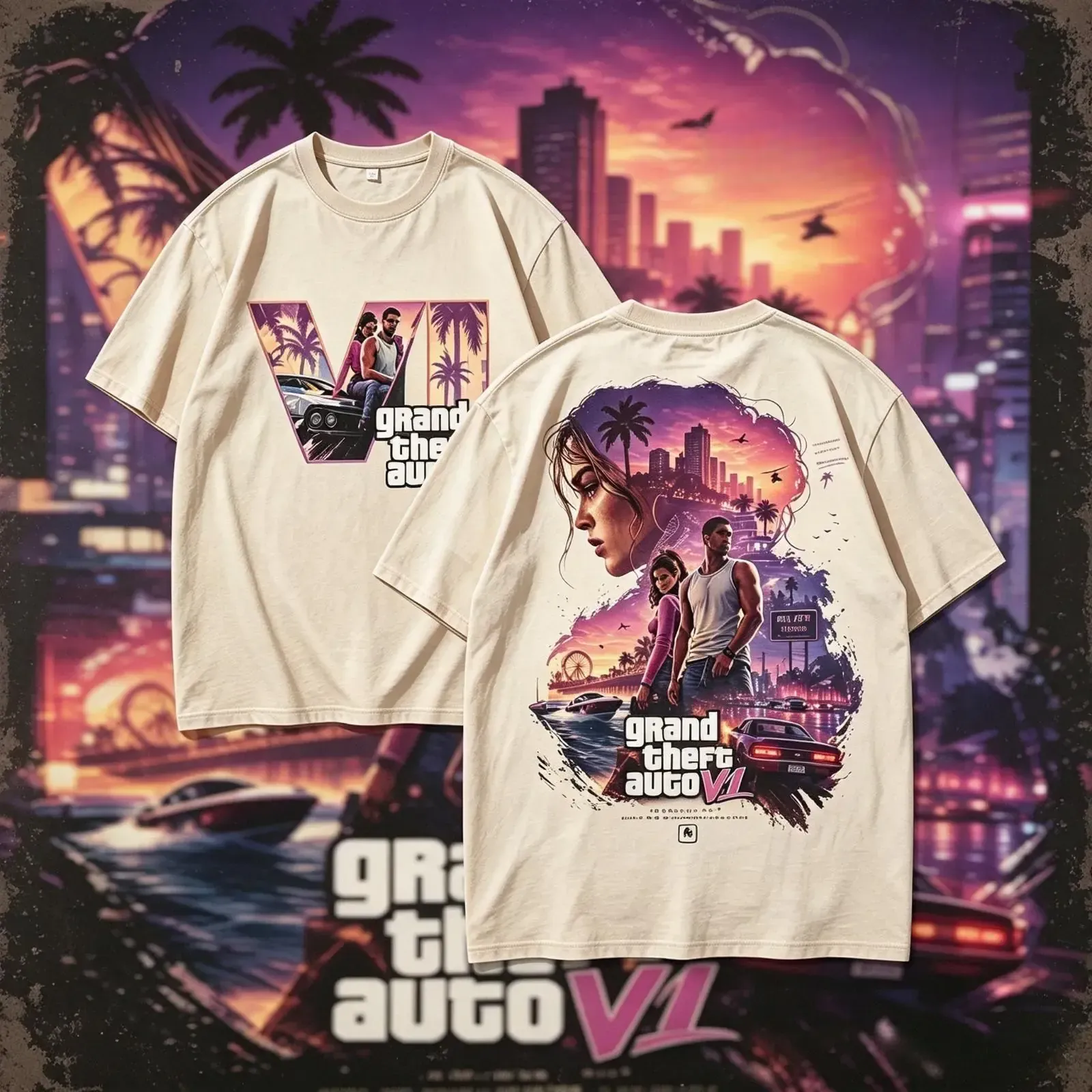 GTA6 Grand Theft Auto VI Open World Gaming Graphic Tee, Vintage Y2K Gamer Streetwear Double-Sided Washed Oversized Hip Hop Cotton T-Shirt