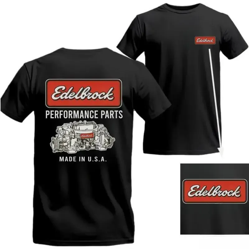 Edelbrock Performance Parts Made in USA Racing Graphic Tee, Classic Muscle Car Lover Double-Sided Print Cotton Short Sleeve T-Shirt