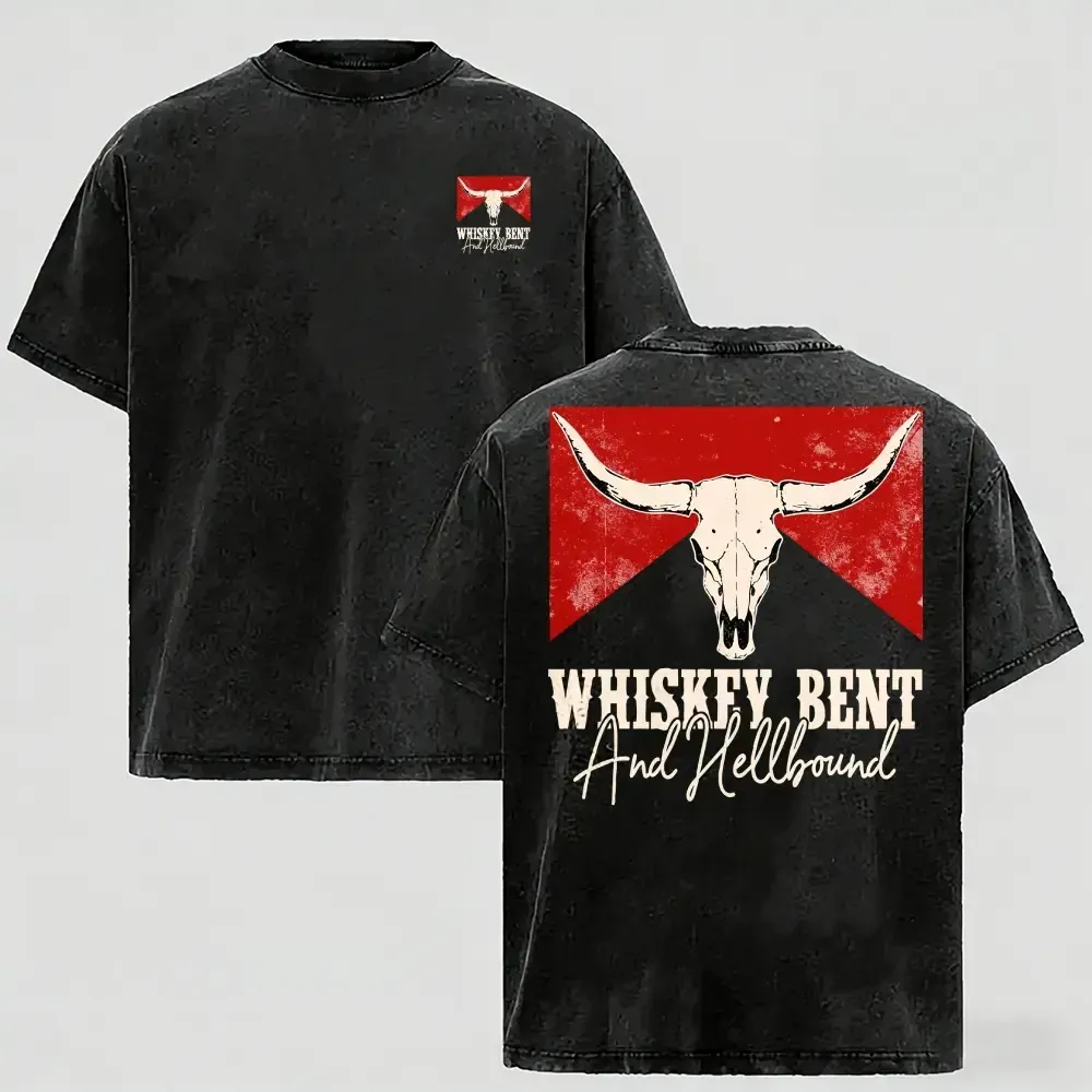 Whiskey Bent and Hellbound Longhorn Skull Western Graphic Tee, Vintage Washed Country Double-Sided Shirt, Loose Fit Cotton T-Shirt