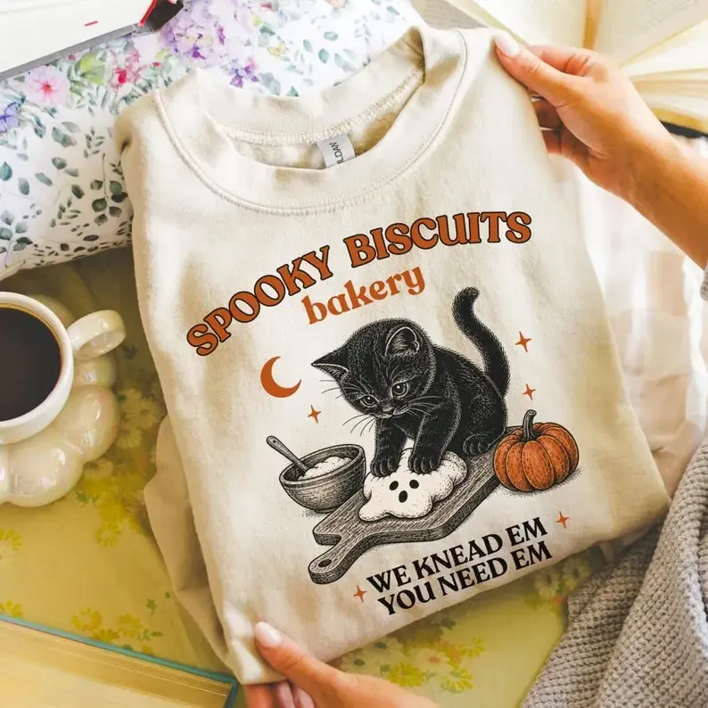 Kitty Biscuits Spooky Biscuits Bakery Black Cat Halloween Sweatshirt, Vintage Baking Pumpkin Fall Crewneck Pullover, Cozy Cat Lover Sweater