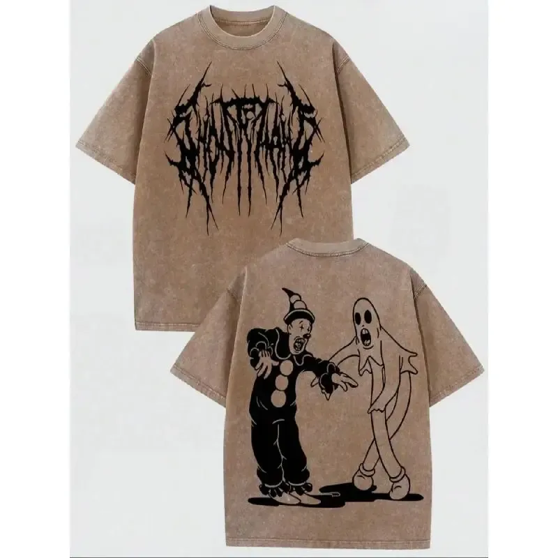 Ghostmane Metal Logo Clown and Ghost Graphic Tee, Gothic Rap Streetwear Vintage Acid Wash Double-Sided Oversized Unisex T-Shirt