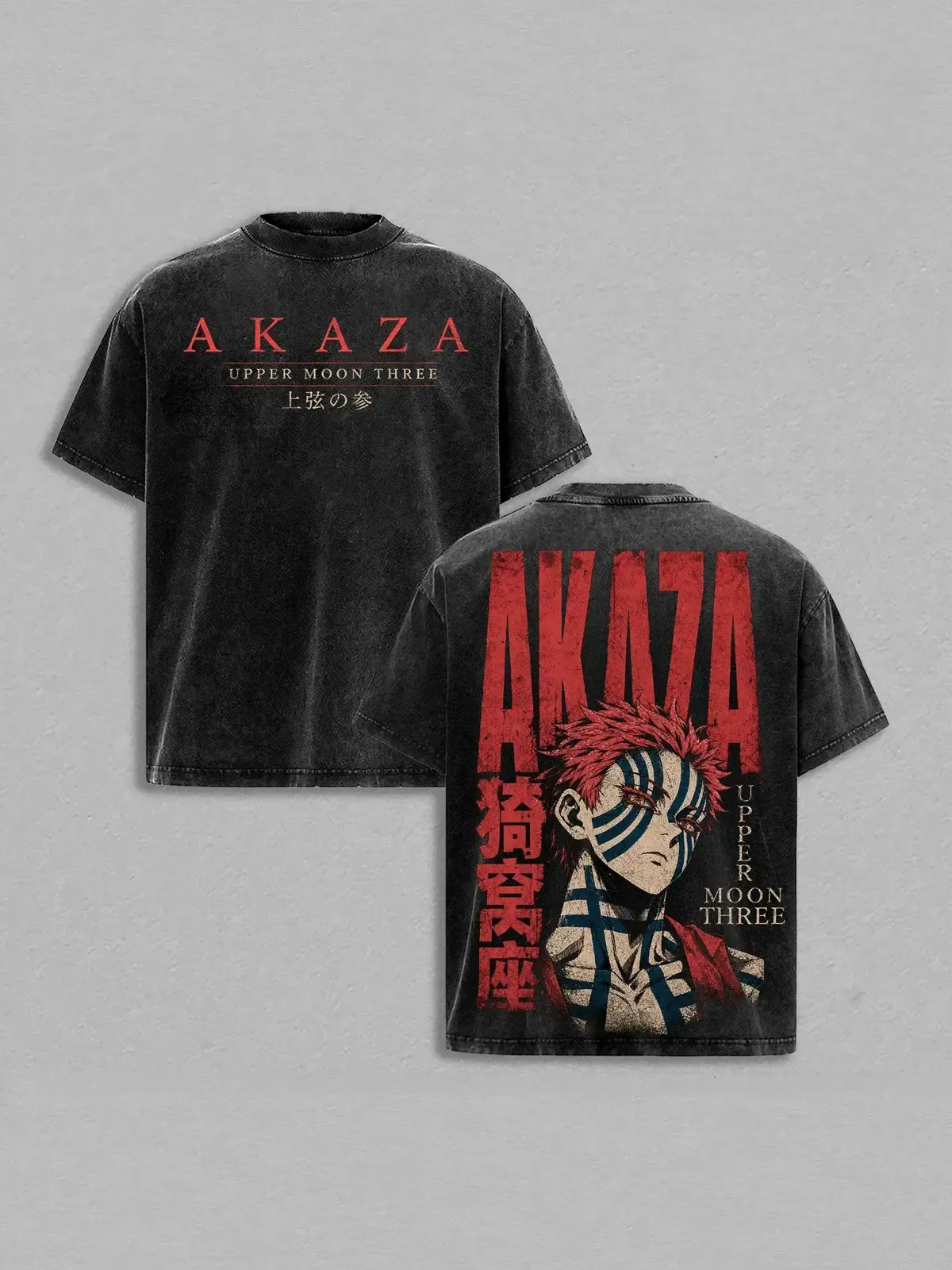 Demon Slayer Akaza Upper Moon 3 Vintage Washed T-Shirt, Anime Front and Back Graphic Tee, Heavyweight Oversized Streetwear Unisex Shirt