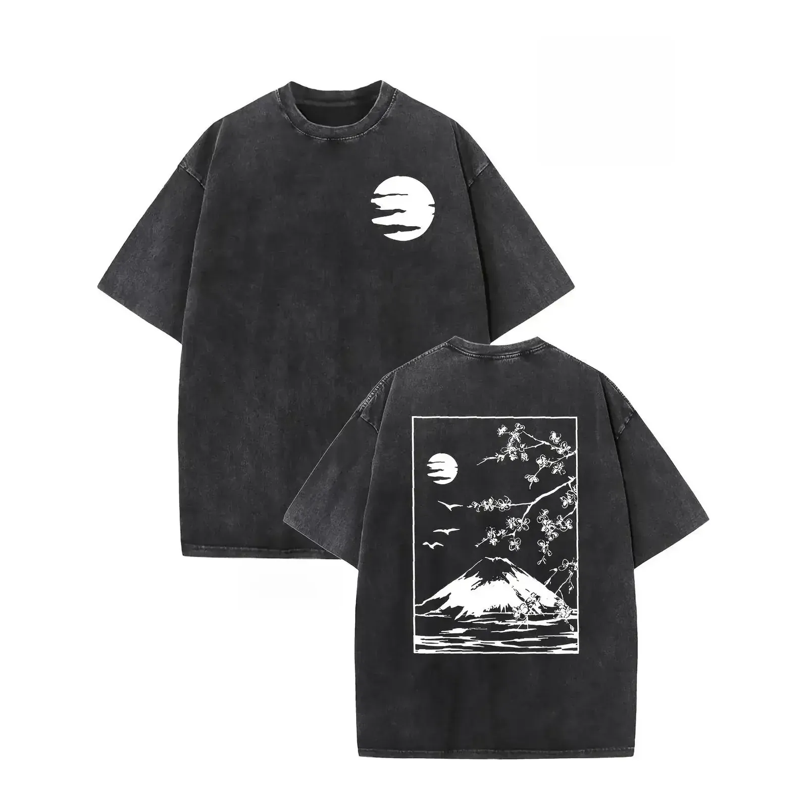 Vintage Japanese Mount Fuji Cherry Blossom Moon Washed Tee, Oriental Landscape Bird Minimal Front and Back Print Oversized Cotton T-Shirt