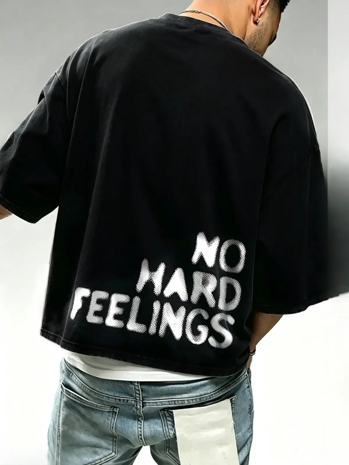 No Hard Feelings Bold Brush Letter Back Print Cropped Boxy Tee, Edgy Hip Hop Skate Streetwear Loose Fit Short Sleeve Men's Graphic T-Shirt