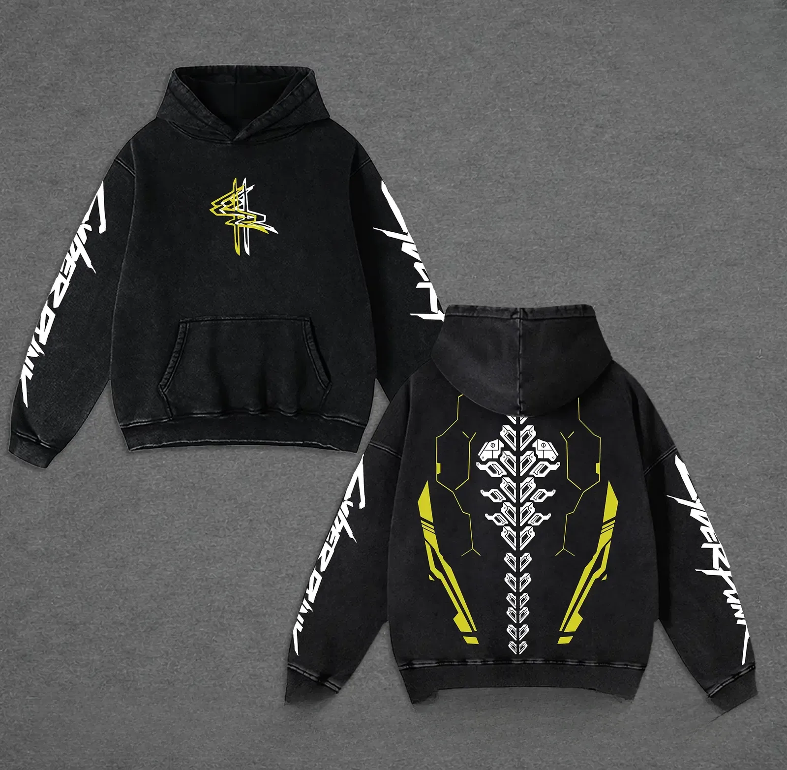 Cyberpunk 2077 Anime Double-Printed Vintage Washed Hoodie, Oversized Heavyweight Cotton Manga Graphic Unisex Washed T-Shirt