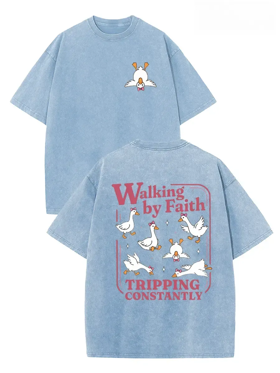 Walking By Faith Tripping Constantly Funny Goose Christian Graphic Tee, Retro Acid Wash Two-Sided Oversized Drop Shoulder T-Shirt