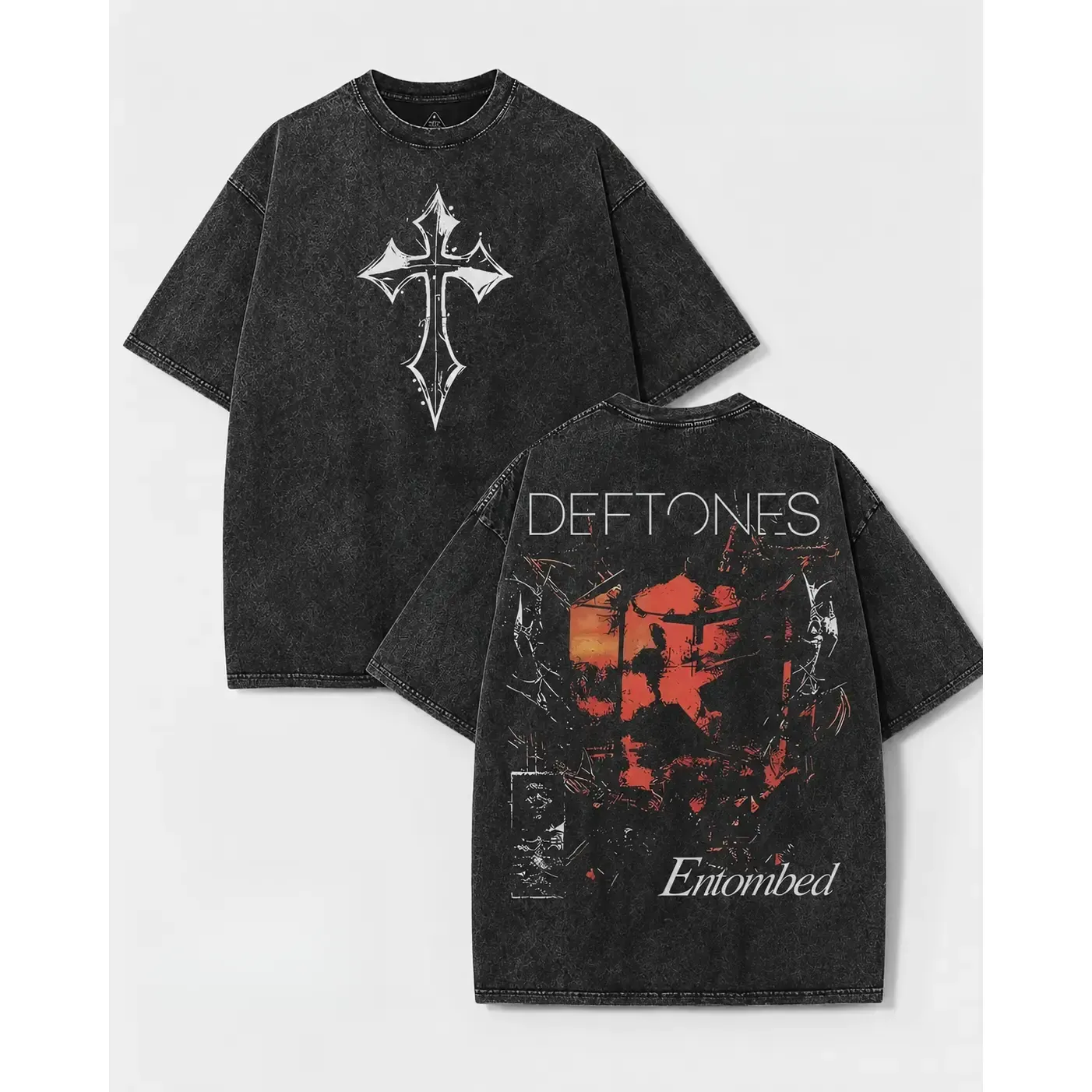 Deftones Entombed Vintage Acid Wash Gothic Cross Graphic Tee, Dark Grunge Y2K Streetwear Two-Sided Oversized Cotton Men's T-Shirt