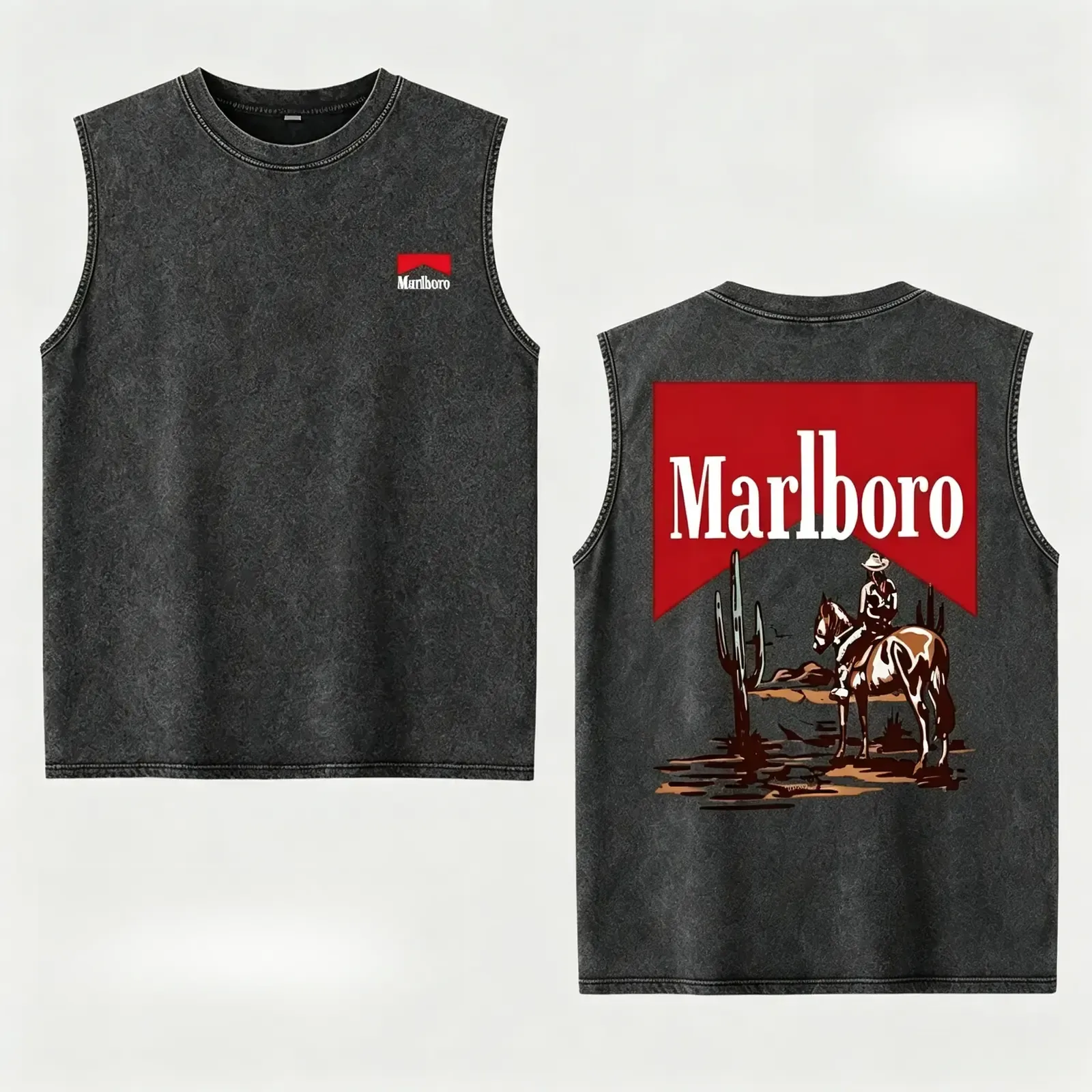 Marlboro Western Cowboy Retro Graphic Tank Top, Vintage Washed Oversized Muscle Tank Front and Back Print Summer Streetwear Cotton Tank