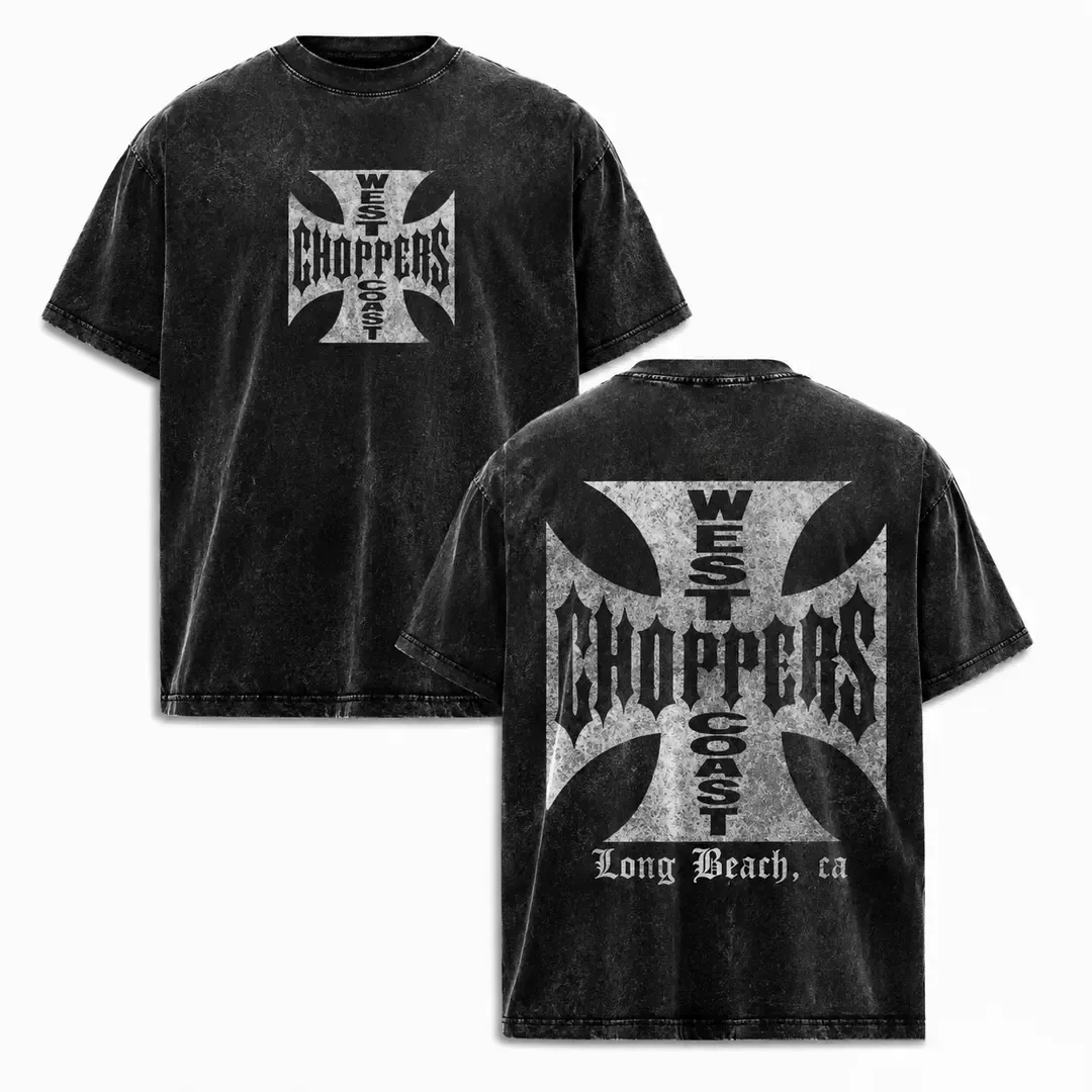 West Coast Choppers Long Beach Gothic Iron Cross Biker Graphic Tee, Vintage Washed Front and Back Print Oversized Motorcycle Streetwear T-Shirt