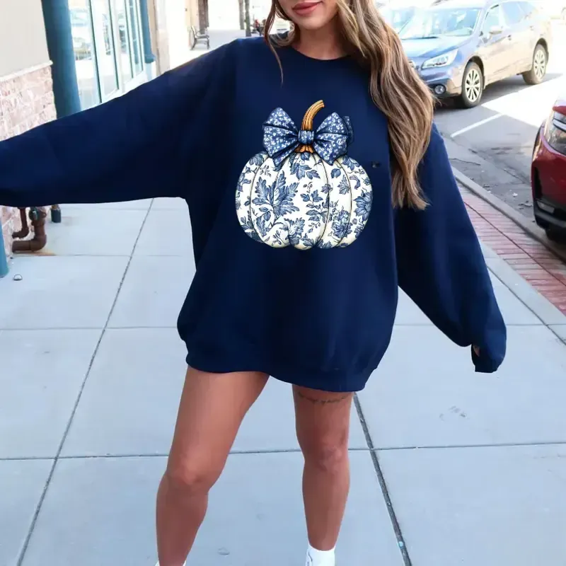 Chinoiserie Blue Floral Pumpkin Sweatshirt, Coquette Bow Fall Crewneck Elegant Thanksgiving Pullover, Vintage Autumn Pumpkin Season Top