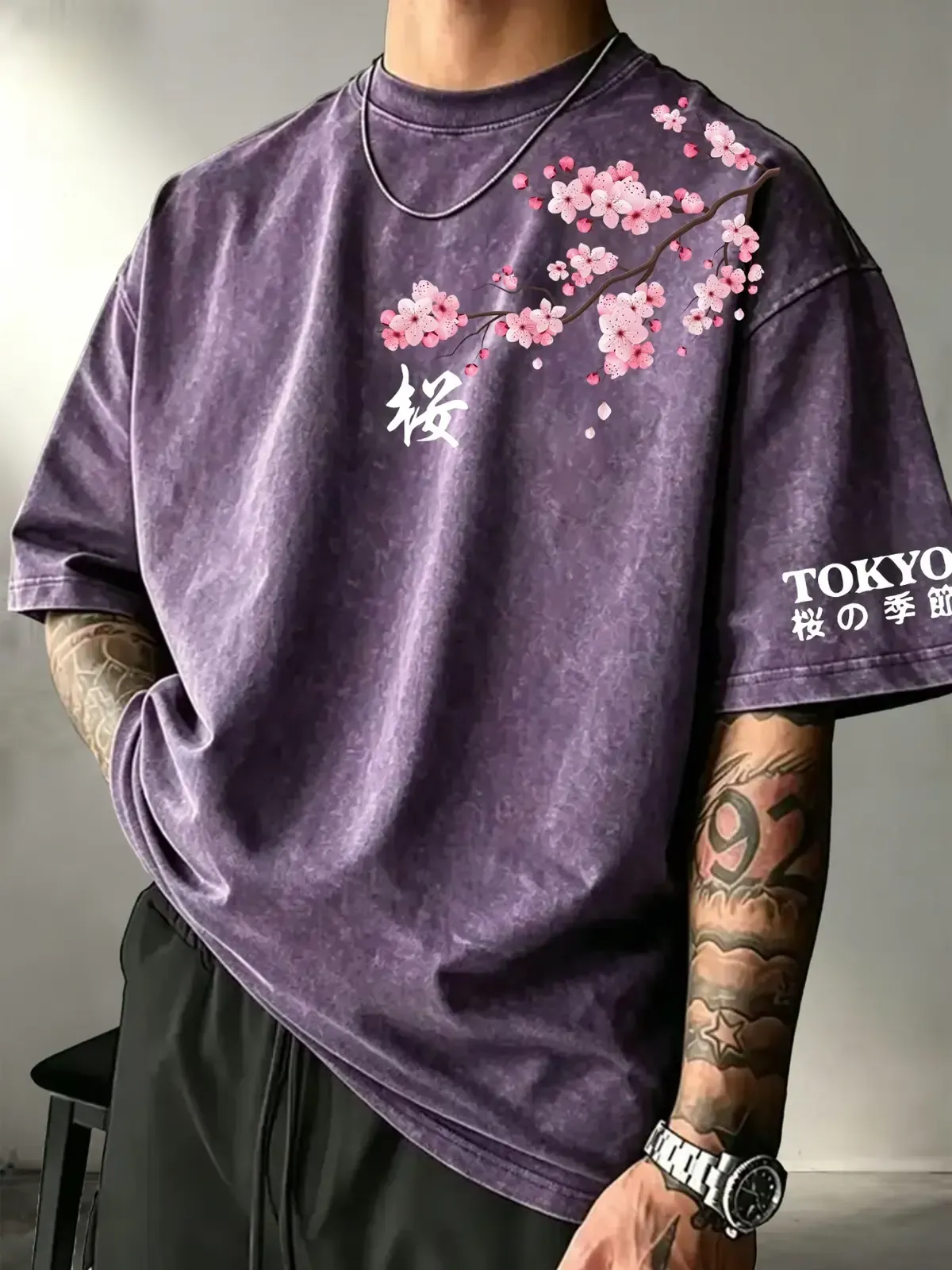 Cherry Blossom Japanese Sakura Print Washed Tee, Retro Tokyo Streetwear Oversized Loose Fit Vintage Wash Cotton Graphic T-Shirt