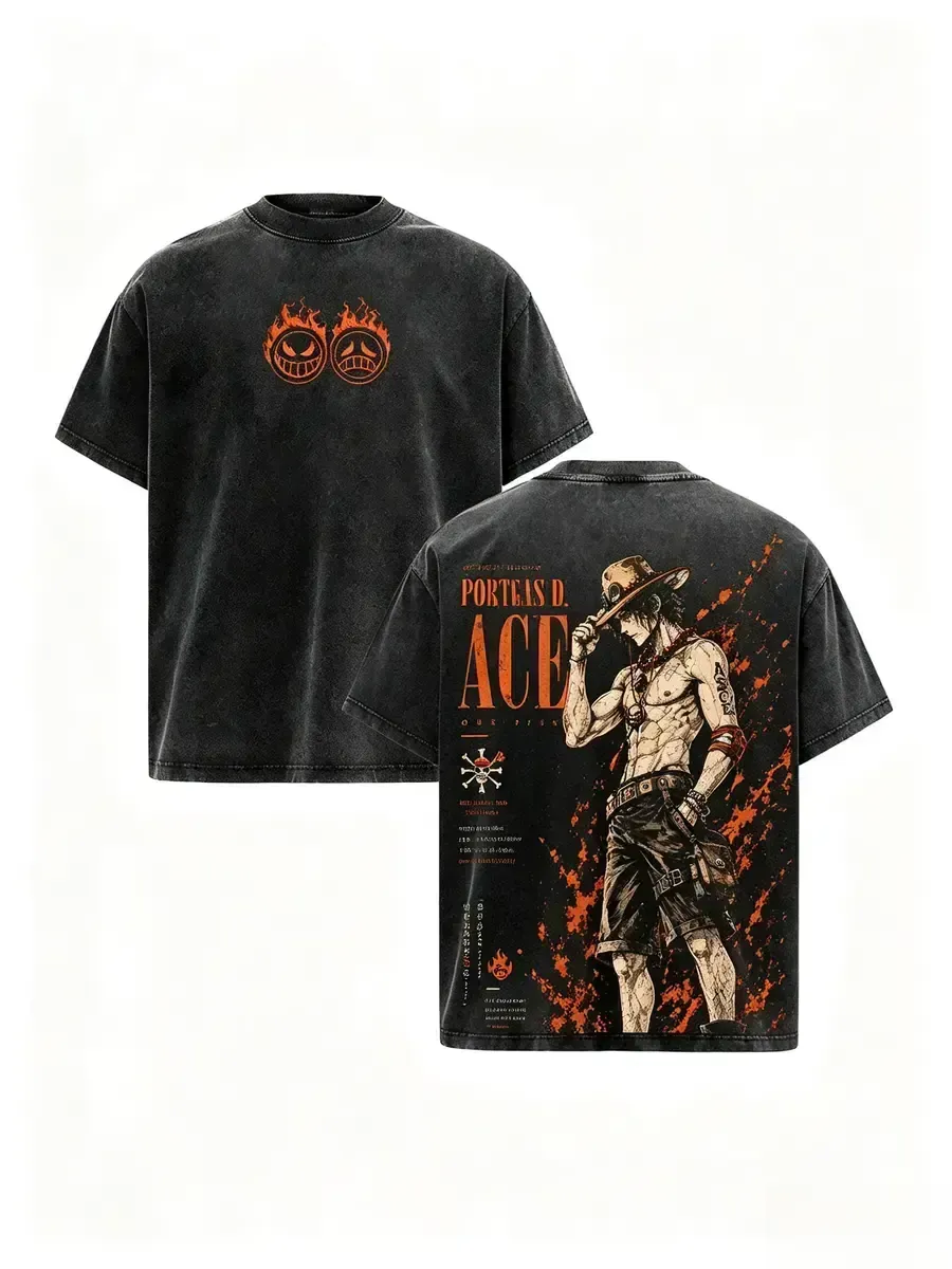 One Piece Portgas D. Ace Fire Fist Anime Graphic Tee, Retro Double Print Washed T-Shirt, Oversized Heavyweight Cotton Manga Streetwear Gym Top