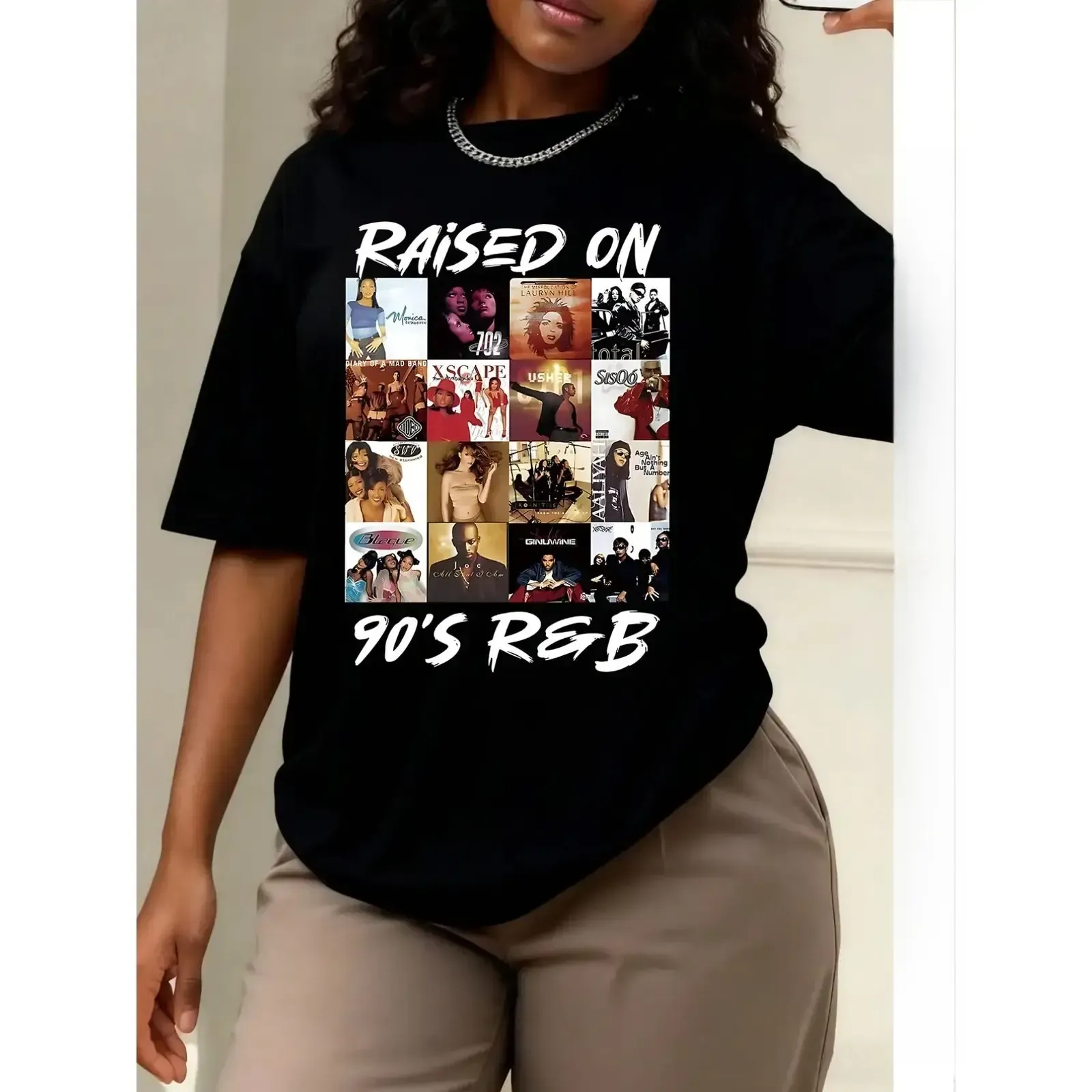 Raised On 90's R&B Album Cover Collage Graphic Tee, Retro Music Fashion Statement Print, Women's Loose Oversized Round Neck Casual T-Shirt