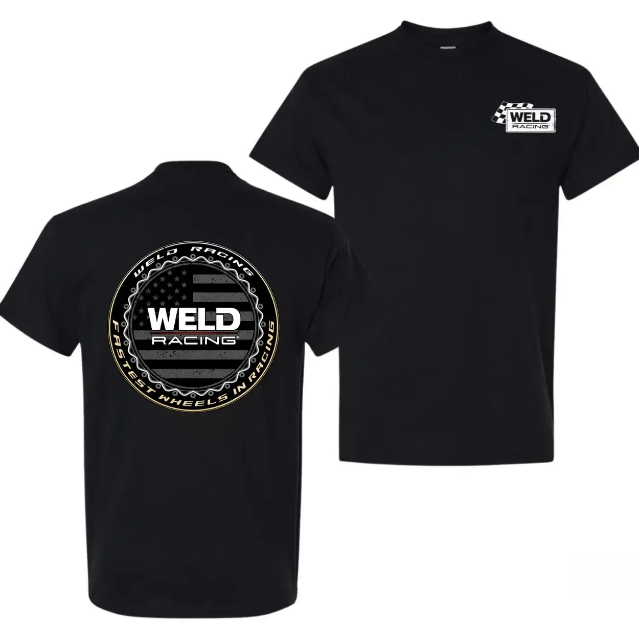 Weld Racing Classic Beadlock American Flag Graphic Tee, Retro Car Racing Classic Truck 4th of July Front and Back Print Cotton T-Shirt