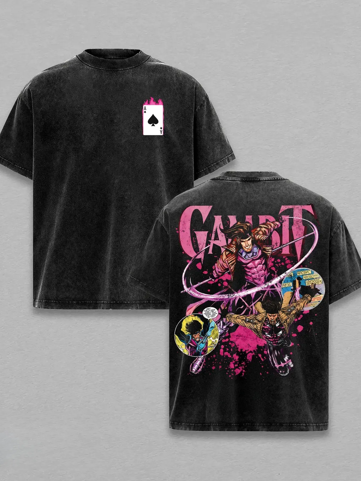 Gambit X-Men Marvel Comic Graphic Tee, Retro Ace of Spades Double Printed Acid Washed Oversized Mineral Wash Streetwear T-Shirt