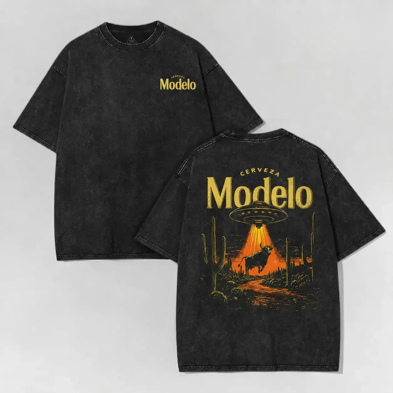 Modelo Cerveza UFO Desert Cosmic Art Vintage Acid Wash Graphic Tee, Retro Streetwear Front and Back Print Oversized Cotton T-Shirt