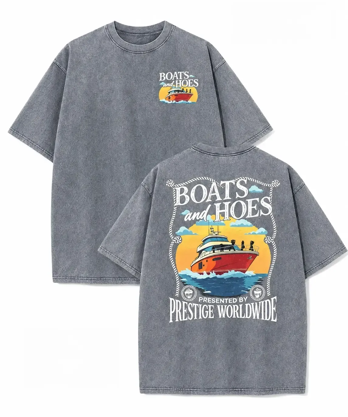 Boats and Hoes Prestige Worldwide Yacht Club Retro Sunset Cruise Graphic Tee, Vintage Acid Wash Oversized Two-Sided Streetwear T-Shirt