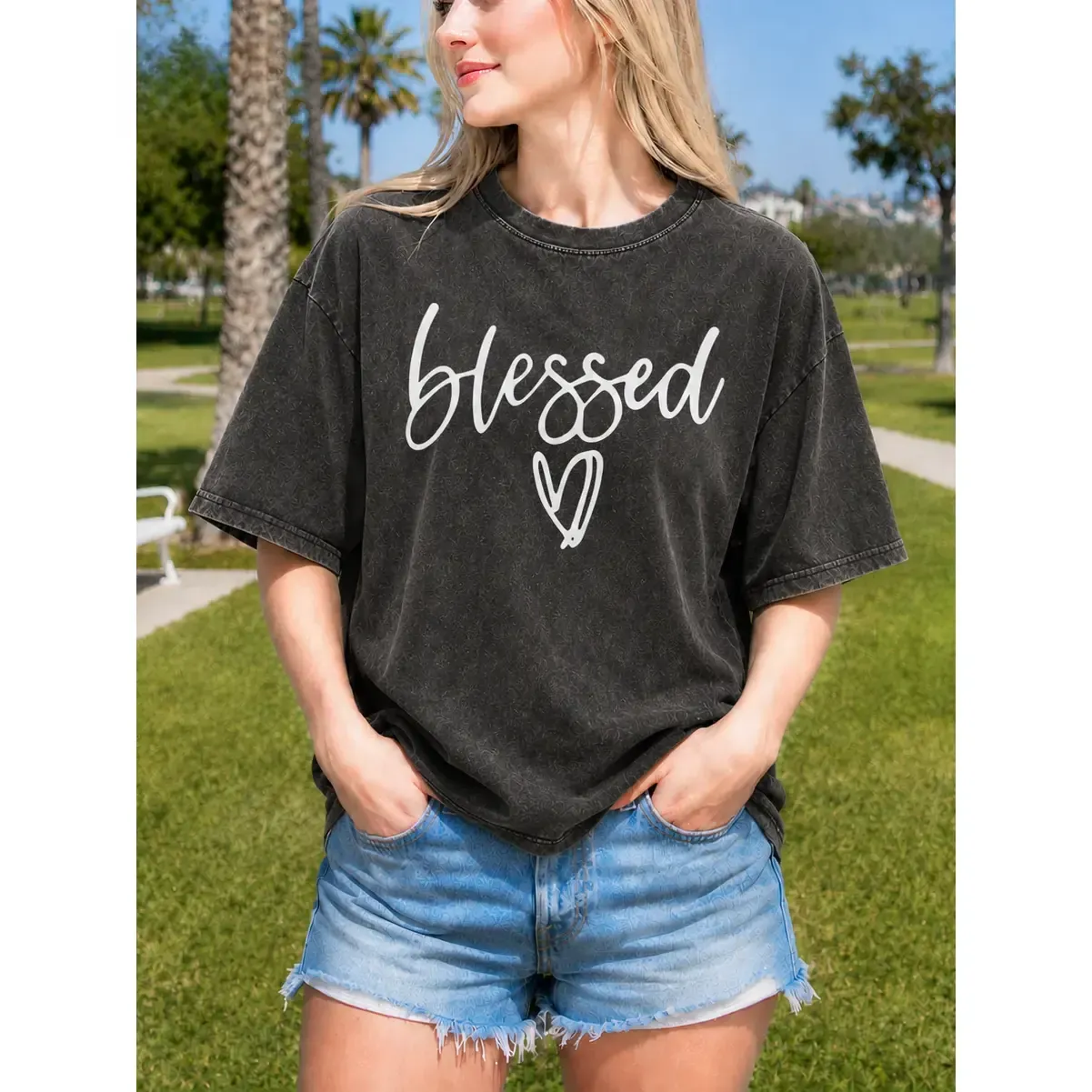 Blessed Heart Script Graphic Tee, Vintage Acid Washed Heavyweight Cotton Oversized Unisex T-Shirt for Women Casual Streetwear