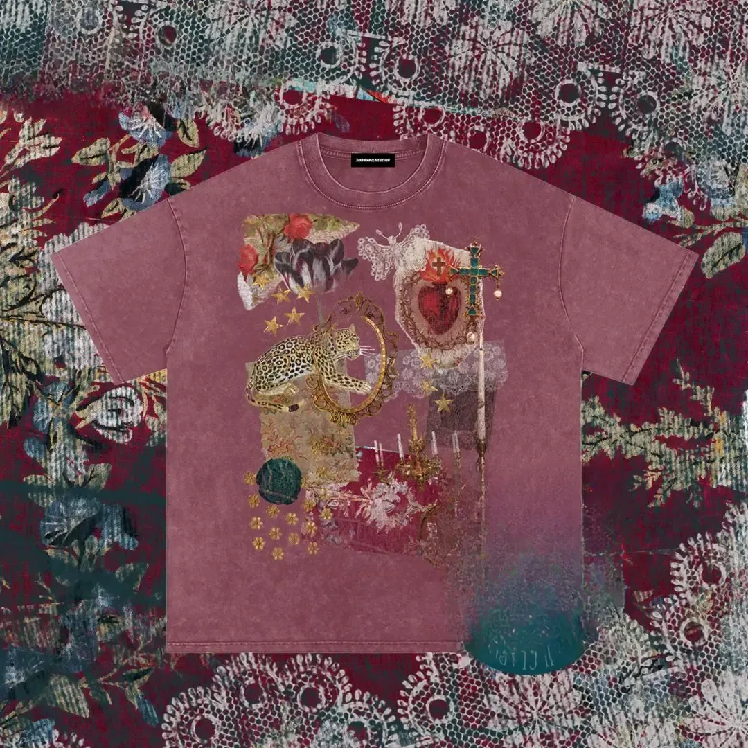 Heirloom Vintage Collage Graphic Tee, Sacred Heart Cross Leopard and Roses Romantic Baroque Print Vintage Wash Relaxed Fit T-Shirt