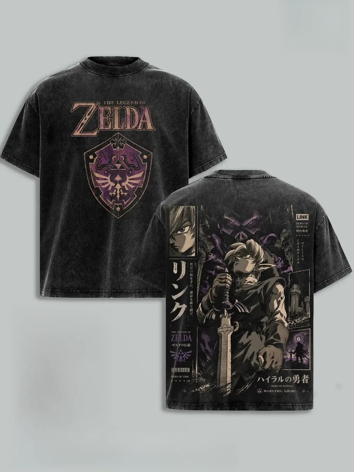 Legend of Zelda Link Hero of Hyrule Hylian Shield Majoras Mask Gaming Tee, Retro Vintage Washed Oversized Heavyweight T-Shirt
