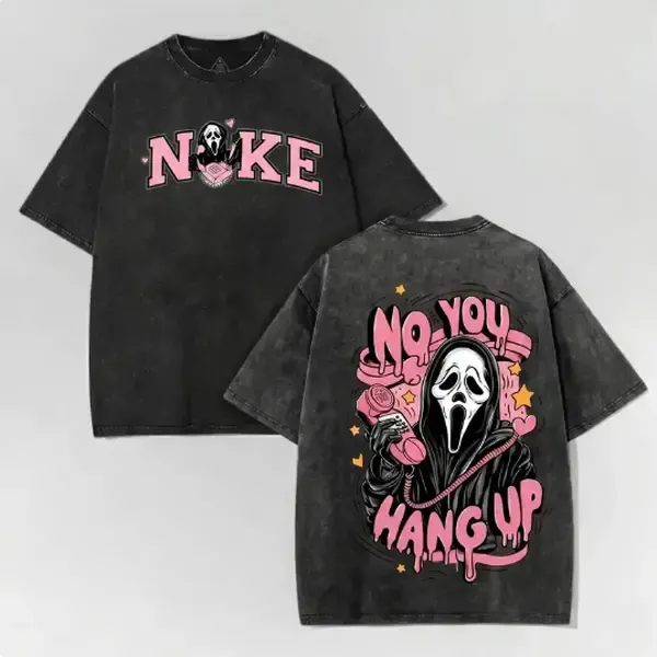 No You Hang Up Ghostface Creepy Cute Ghost Vintage Acid Wash Graphic Tee, Y2K Parody Streetwear Double-Sided Oversized Cotton T-Shirt