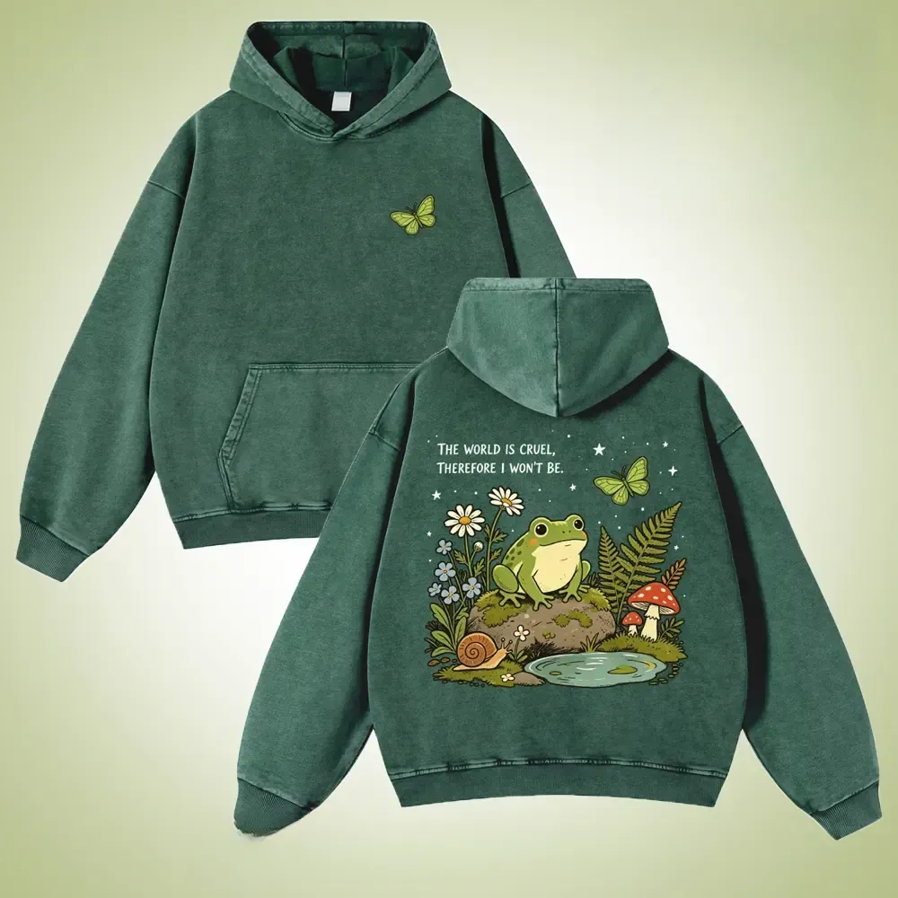 The World Is Cruel Therefore I Won't Be Frog Hoodie, Retro Mushroom Forest Snail Butterfly Nature Art Vintage Washed Heavyweight Pullover