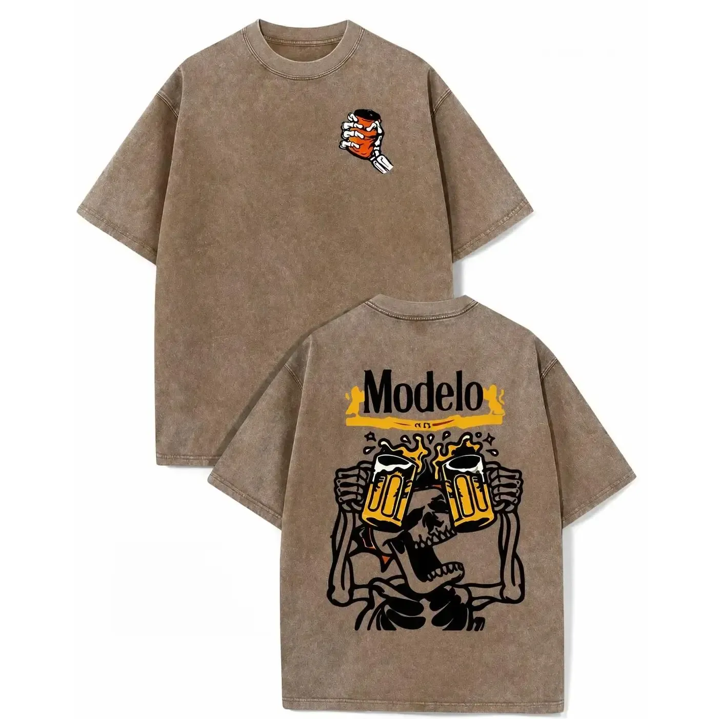 Modelo Skeleton Drinking Beer Graphic Tee, Vintage Acid Wash Grunge Y2k Streetwear Double-Sided Print Oversized Loose Fit Unisex T-Shirt