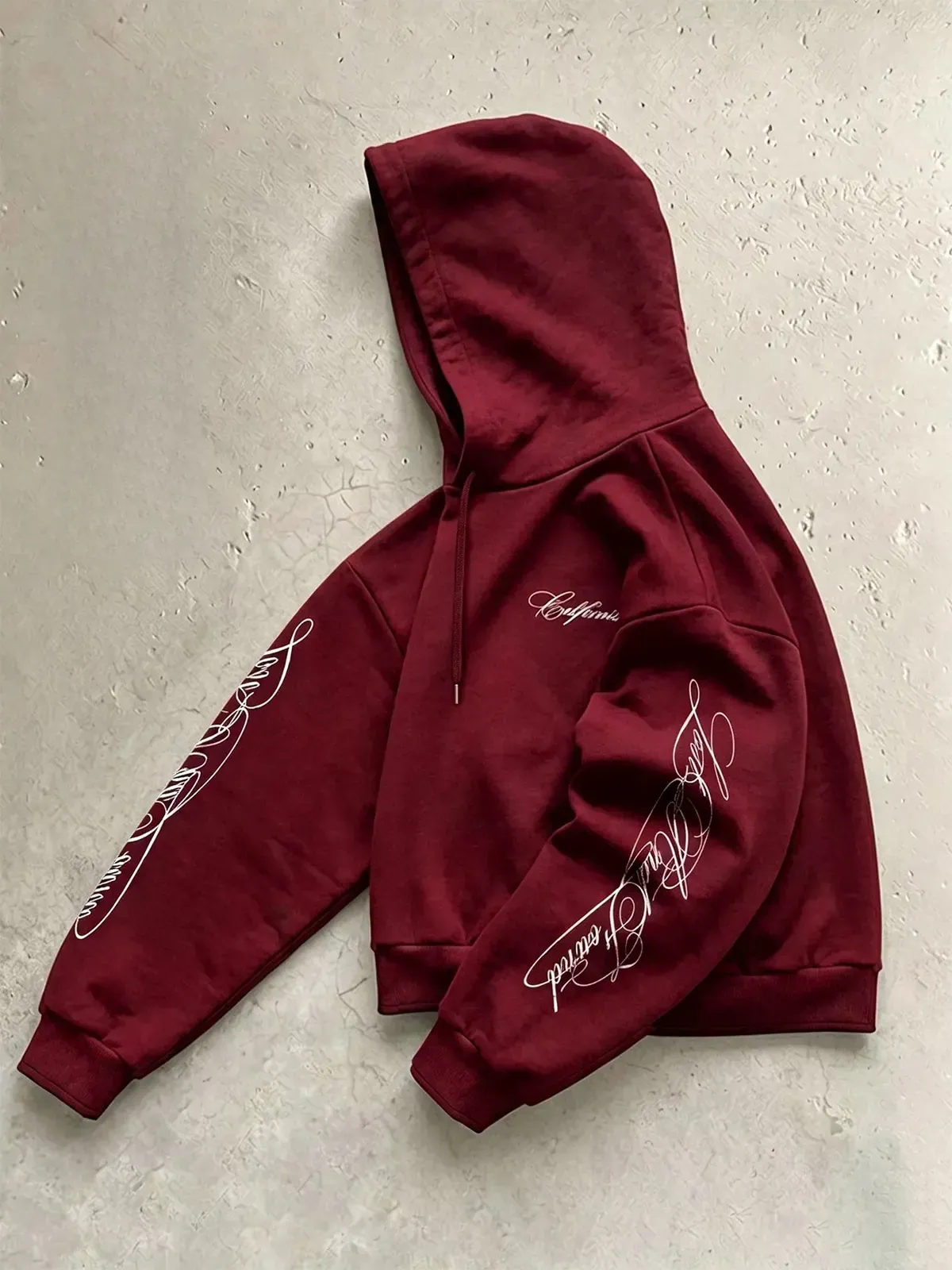 California Chicano Script Sleeve Print Hoodie, Y2K Hip Hop West Coast Streetwear Loose Drop Shoulder Pullover Hooded Sweatshirt for Men Women
