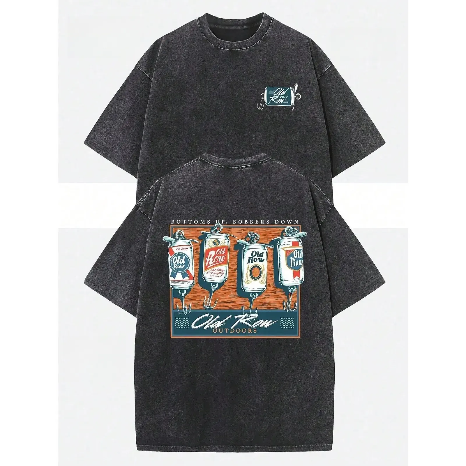 Old Row Bottoms Up Bobbers Down Vintage Beer Can Graphic Tee, Double-Sided Retro Letter Print Washed or Classic Cotton Unisex T-Shirt