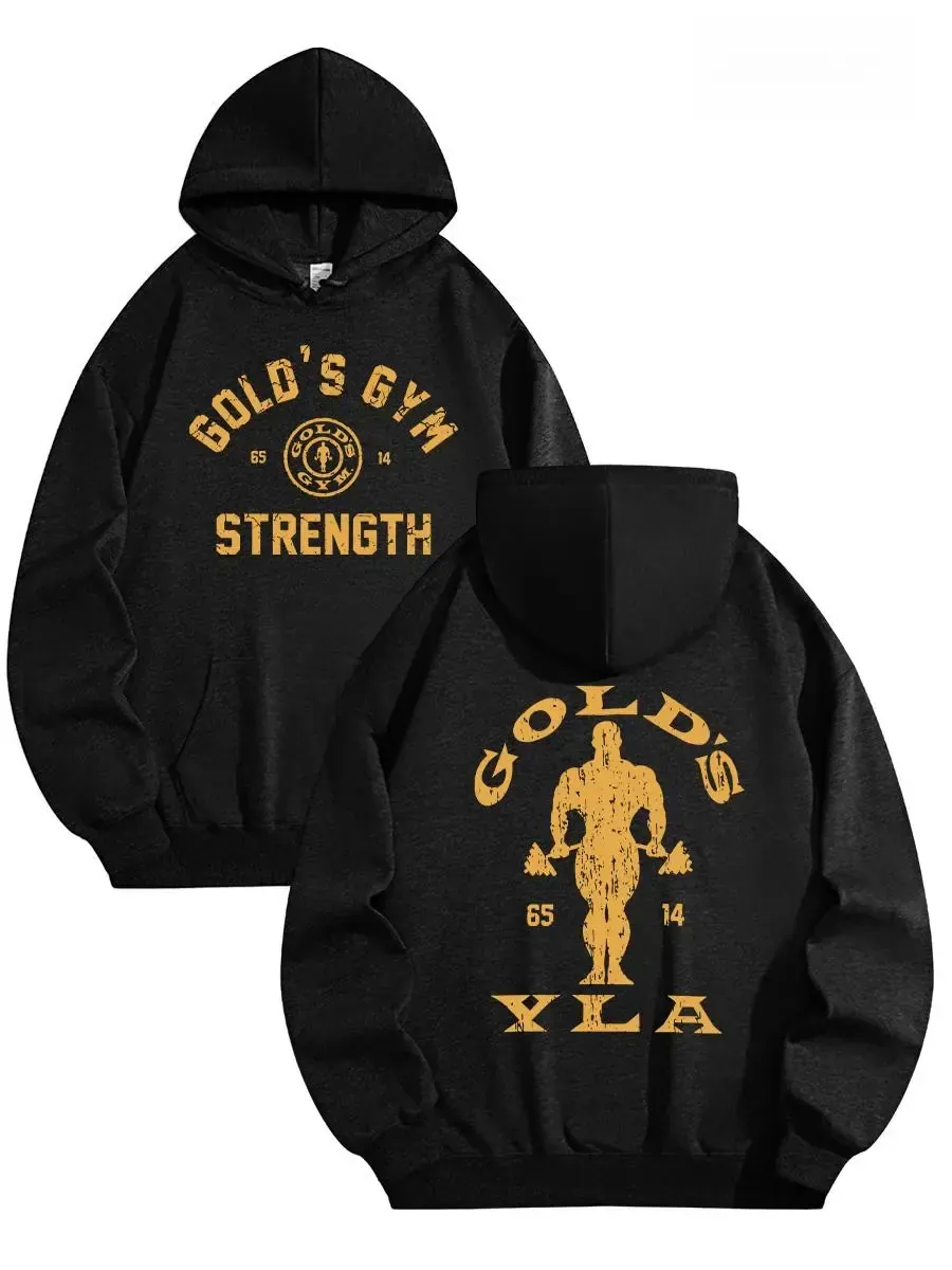 Gold's Gym Strength Vintage Graphic Hoodie and Acid Wash Tee, Bodybuilder Logo Front and Back Print Oversized Cozy Fleece Unisex Top