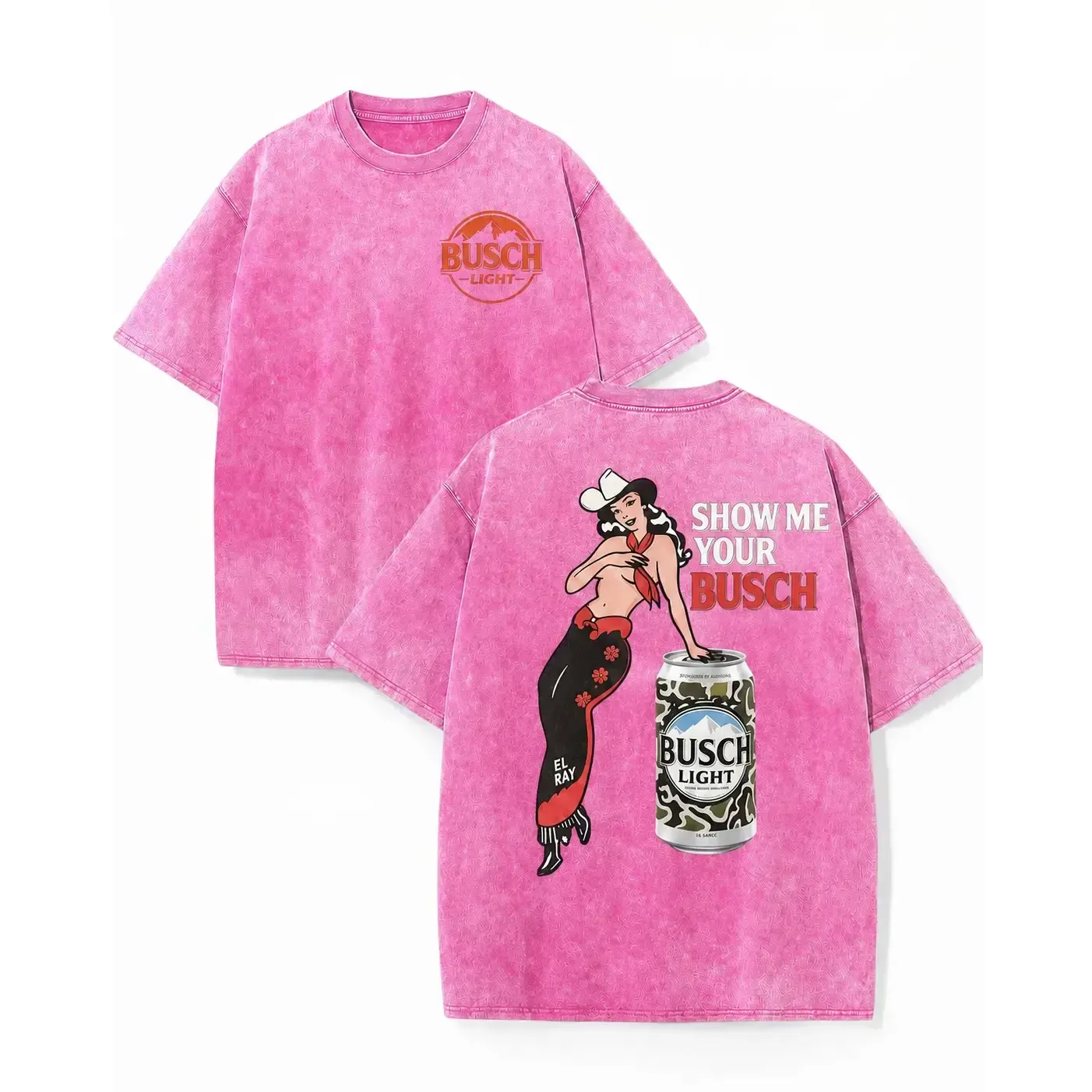 Show Me Your Busch Light Pin-Up Cowgirl Drinking Graphic Tee, Y2K Dive Bar Western Two-Sided Acid Wash Oversized Unisex Funny T-Shirt