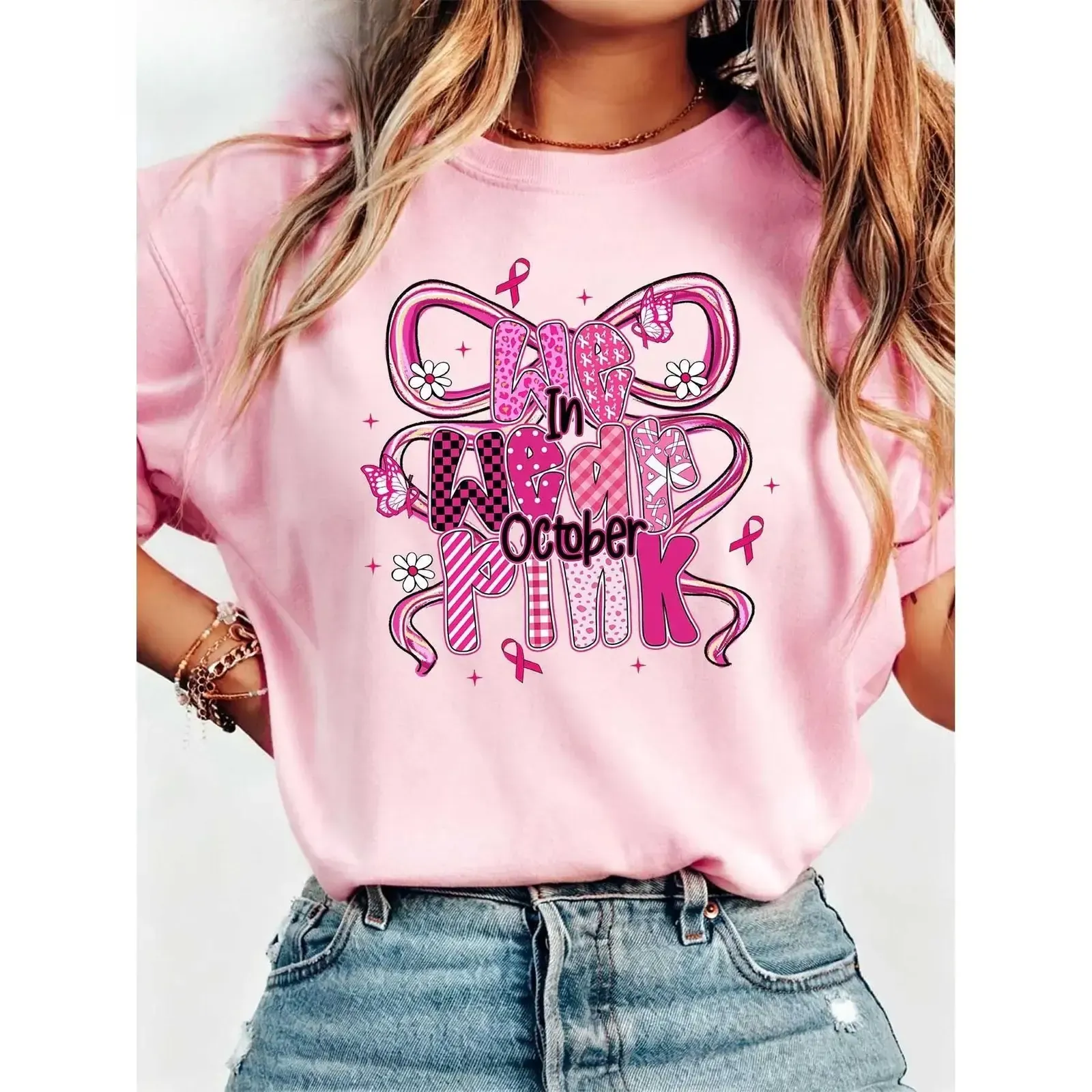 In October We Wear Pink Coquette Bow Breast Cancer Awareness Month Graphic Tee, Y2K Style Pink Ribbon Print Women's Casual Crew Neck T-Shirt