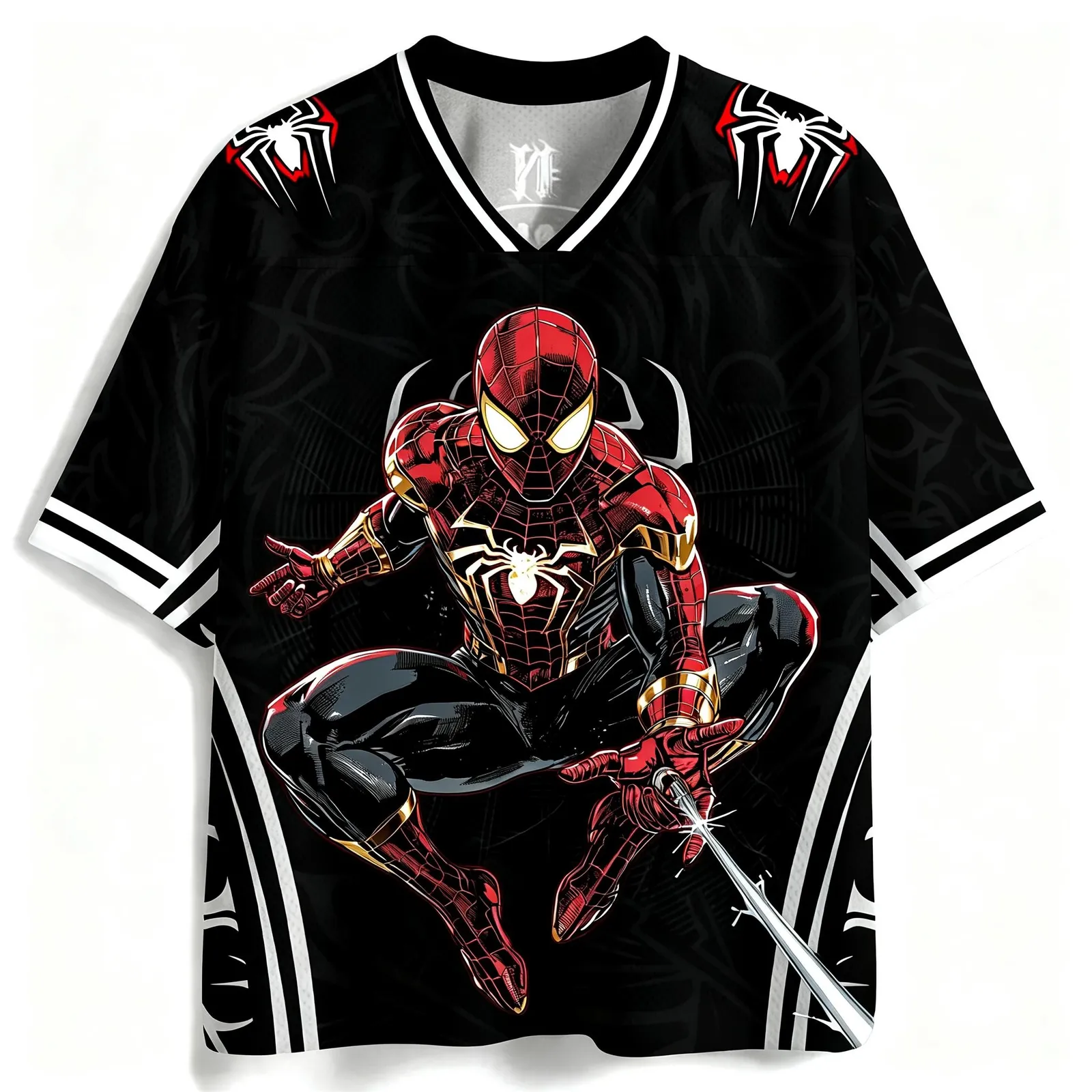 Spider-Man Iron Suit Football Jersey, Red Gold Web Swing Superhero V-Neck Jersey Shirt, Black Night City Skyline Sports Tee for Fans
