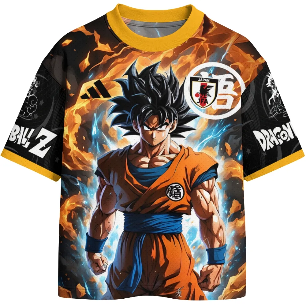 Dragon Ball Z Son Goku Football Jersey, Fire and Lightning Aura Japan Style Anime Crew Neck Jersey Shirt, Black Orange and Gold Sports Tee