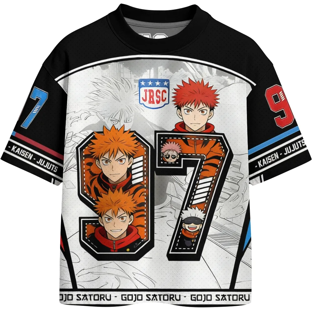 Jujutsu Kaisen Yuji Itadori and Satoru Gojo Football Jersey, Number 97 Black and White Crew Neck Anime Jersey Shirt, Chibi Manga Sports Tee