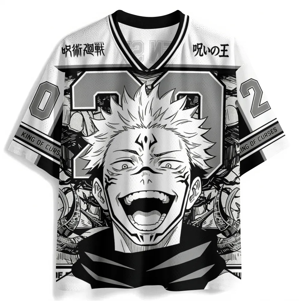 Jujutsu Kaisen Ryomen Sukuna Football Jersey, White and Grey Manga Anime V-Neck Jersey Shirt, King of Curses Number 02 Sports Tee
