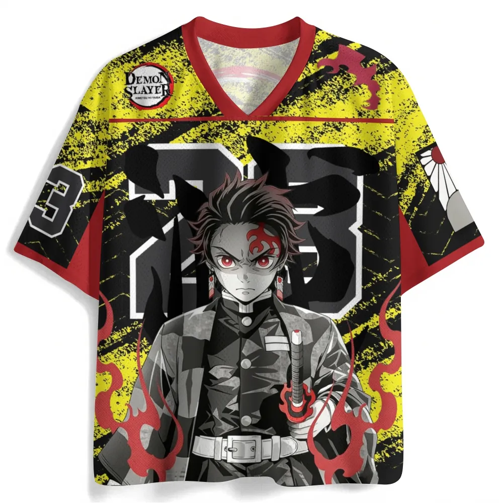 Demon Slayer Tanjiro Kamado Football Jersey, Hanafuda Number 23 Anime V-Neck Jersey Shirt, Yellow Black Red Grunge Mesh Tee for Kimetsu Fans