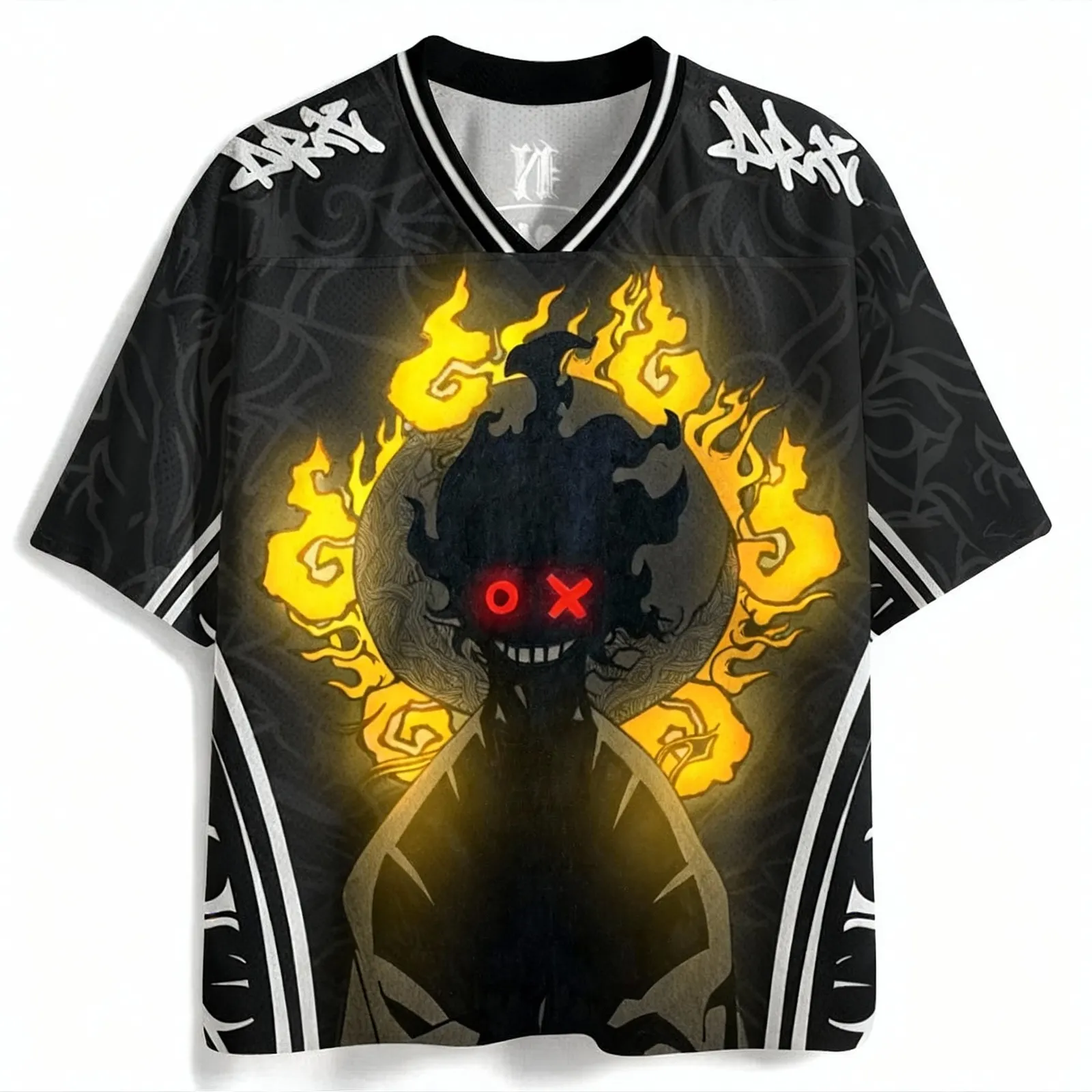 Fire Force Anime Football Jersey, Shadow Figure with Red Eyes and Golden Flame Halo, Black V-Neck Jersey Shirt, Enen no Shouboutai Streetwear Tee