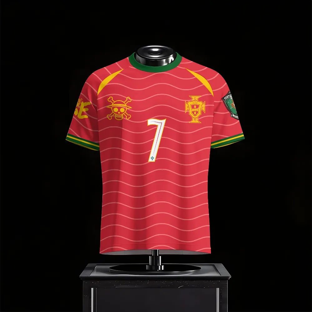 One Piece Luffytaro Football Jersey, Monkey D Luffy Portugal Style Number 7 Crew Neck Soccer Jersey Shirt, Red Green Gold Wave Print Tee