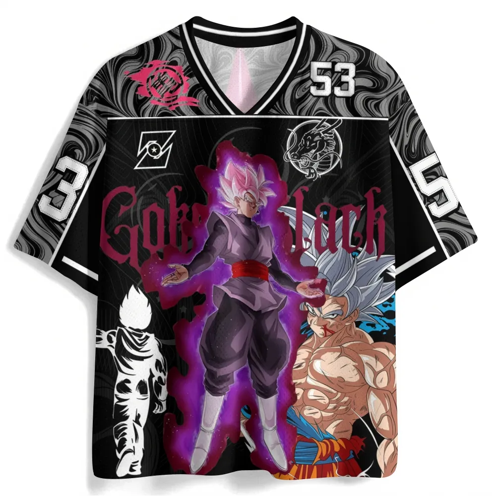 Dragon Ball Super Goku Black Rose Football Jersey, Number 53 Ultra Instinct Kakarot Vegeta Pink Aura Anime V-Neck Jersey Shirt, Charcoal Grey Tee