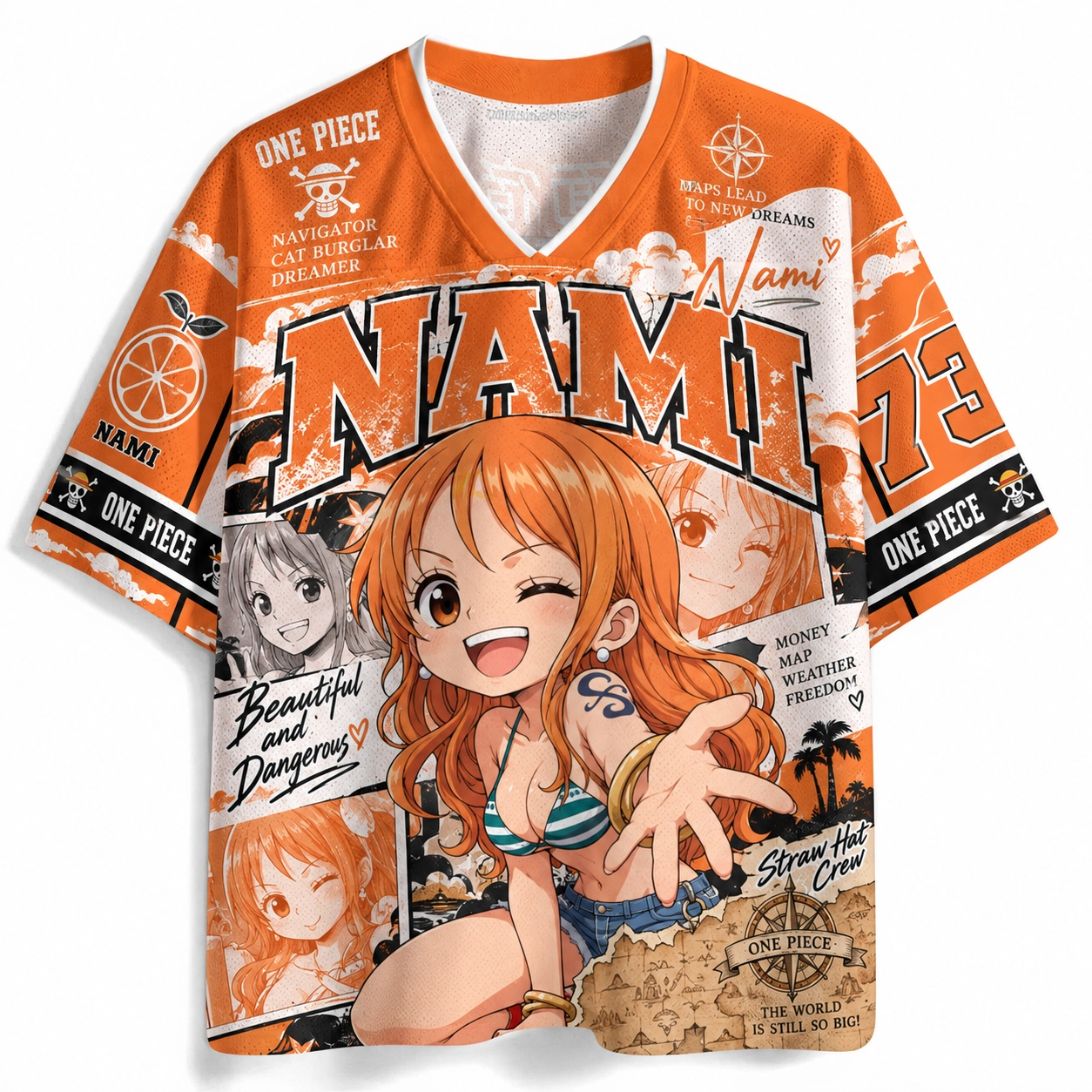 One Piece Nami Football Jersey, Straw Hat Crew Navigator Number 73 Anime V-Neck Jersey Shirt, Orange White Tangerine Tee for Fans