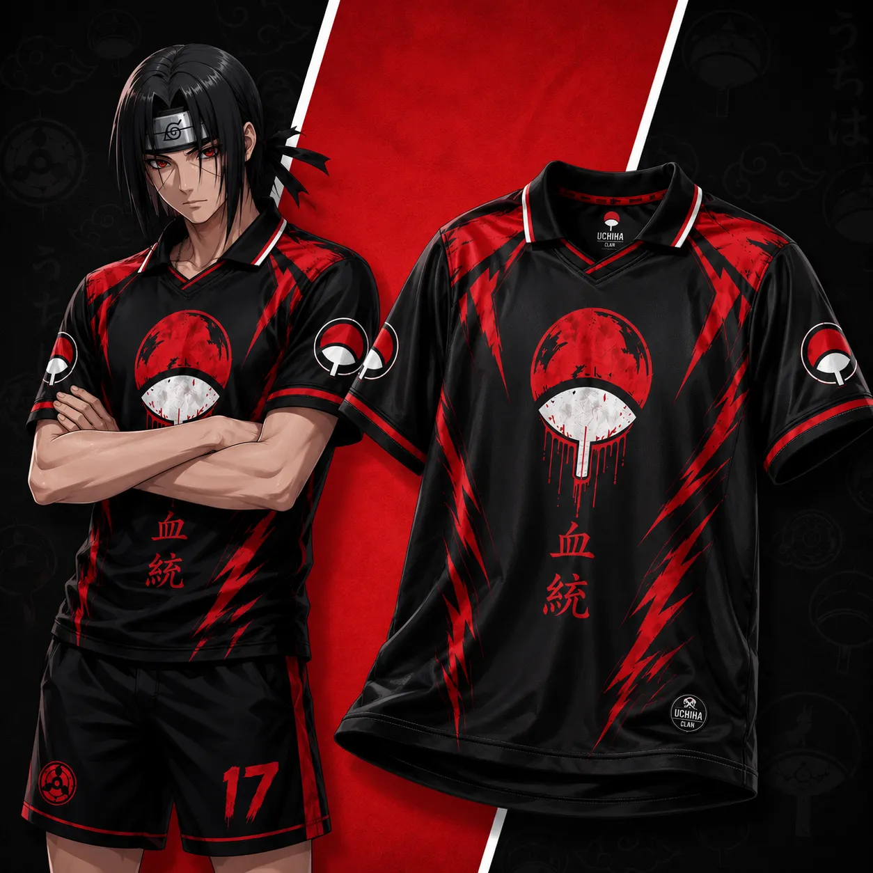 Naruto Itachi Uchiha Football Jersey, Bloodline Kanji Clan Fan Crest Collared V-Neck Jersey Shirt, Black Red Anime Tee for Akatsuki Fans