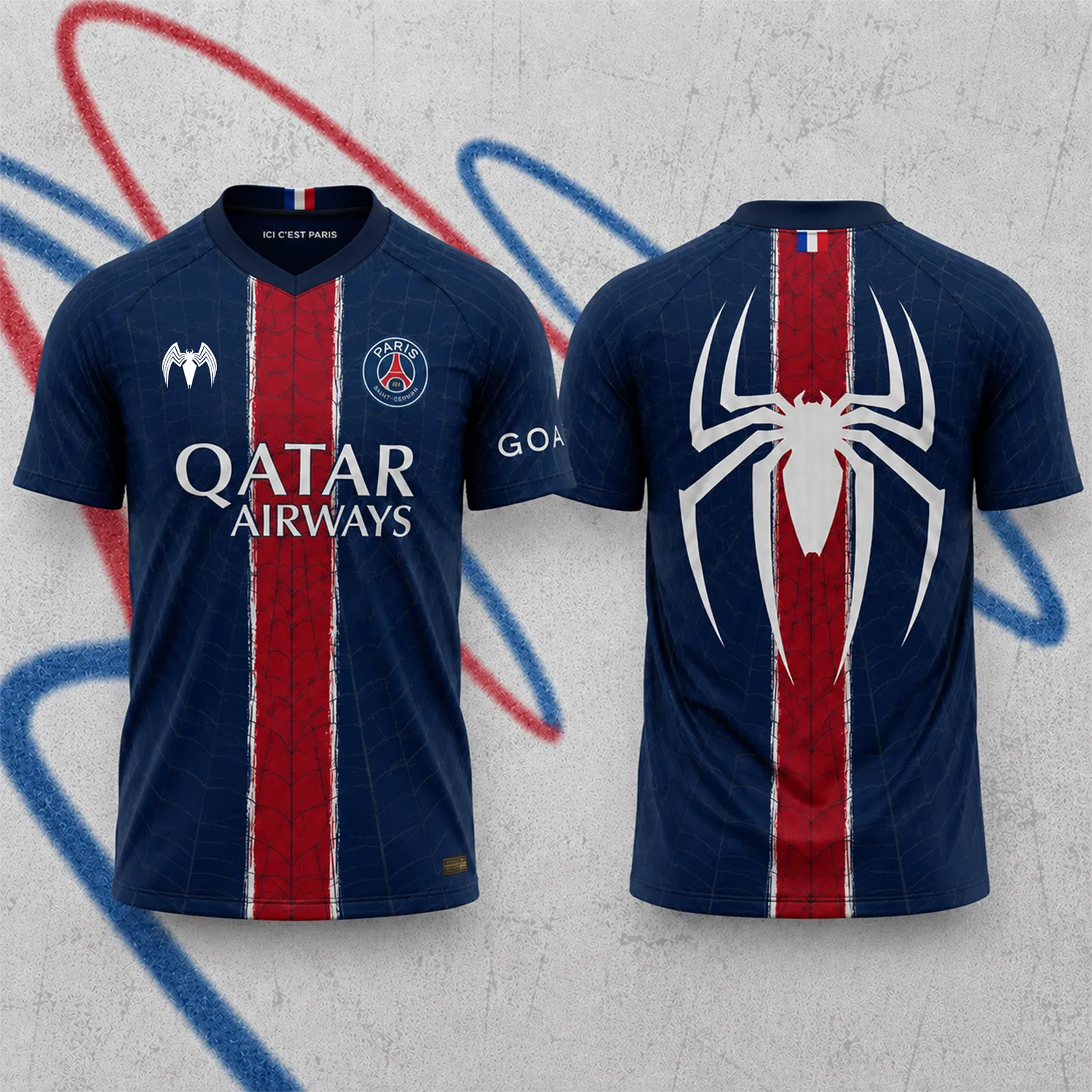 Paris Saint-Germain F.C Spider-Man Football Jersey, Arachnid Emblem Crew Neck Jersey Shirt, Navy Red White Stripe Soccer Style Tee for Fans