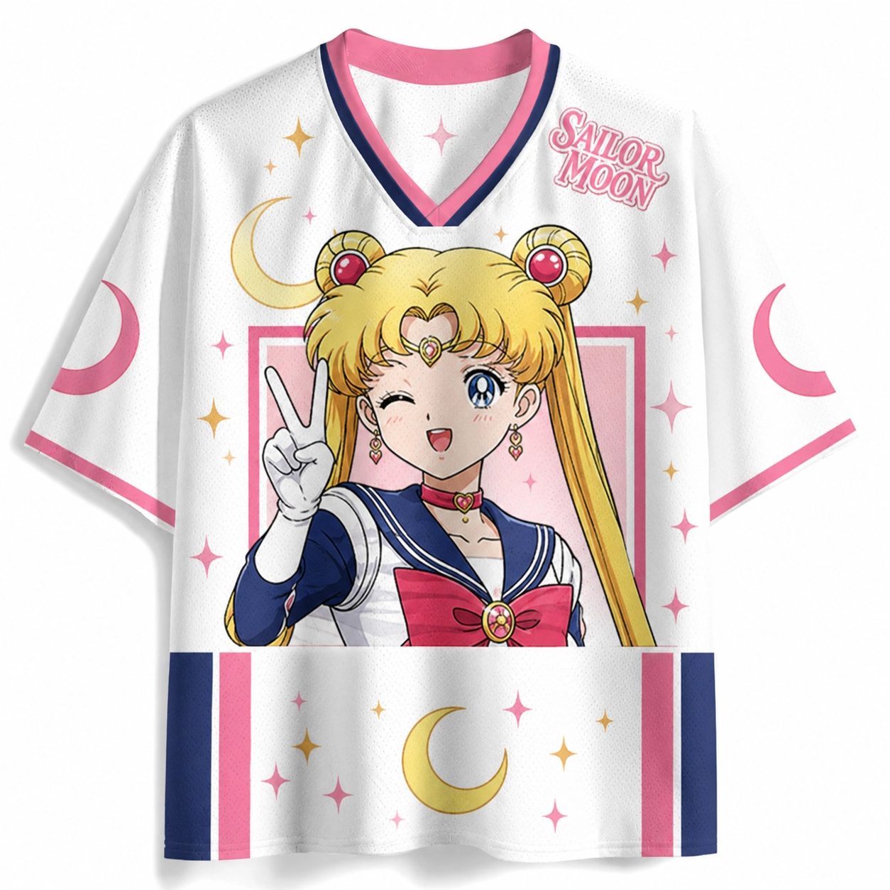 Sailor Moon Usagi Tsukino Football Jersey, Pretty Guardian Peace Sign Crescent Anime V-Neck Jersey Shirt, White Pink Navy Tee for Fans