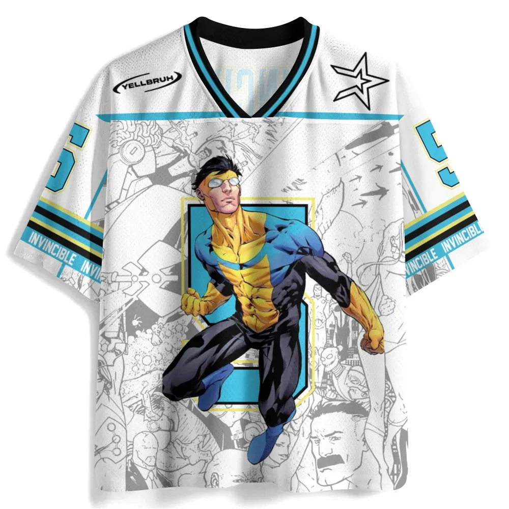 Invincible Mark Grayson Football Jersey, Number 5 Comic Book Superhero V-Neck Jersey Shirt, White Sky Blue and Black Sports Tee for Fans