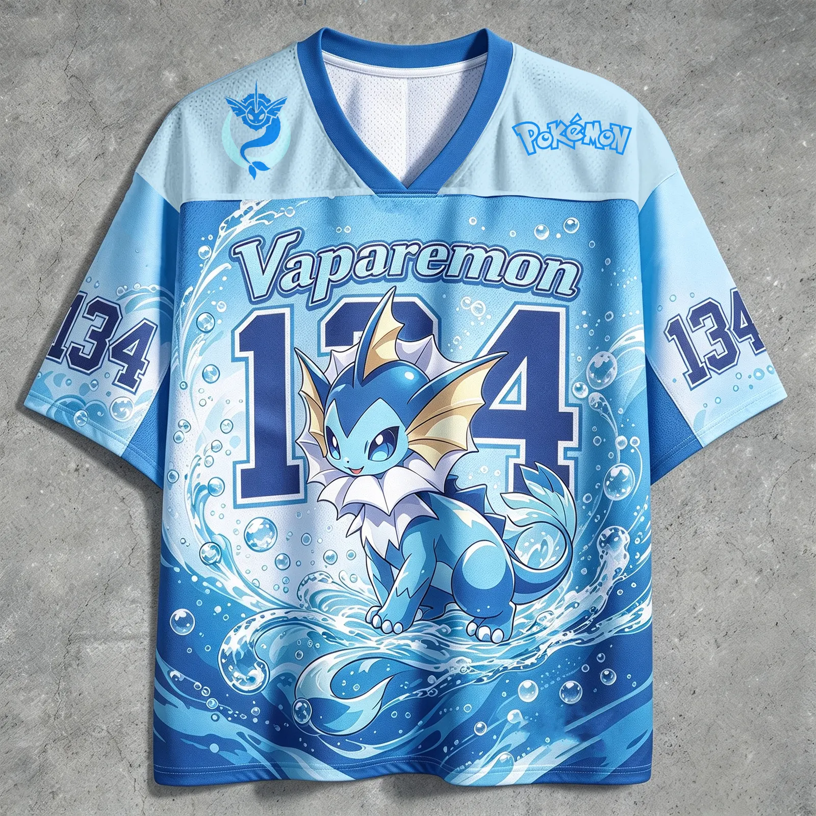 Pokemon Vaporeon Football Jersey, Number 134 Water Type Eeveelution Bubbles Ocean Wave Anime V-Neck Jersey Shirt, Light Blue Navy Sports Tee