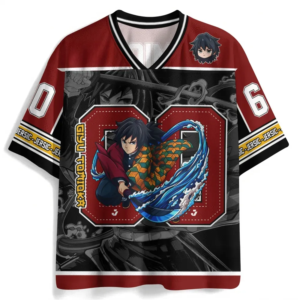 Demon Slayer Giyu Tomioka Football Jersey, Kimetsu no Yaiba Water Hashira Anime V-Neck Jersey Shirt, Red Black Number 60 Tee for Fans