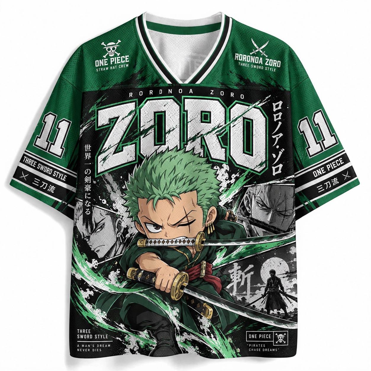 One Piece Roronoa Zoro Football Jersey, Chibi Santoryu 11 Straw Hat Crew Anime V-Neck Jersey Shirt, Green Black and White Sports Tee for Fans