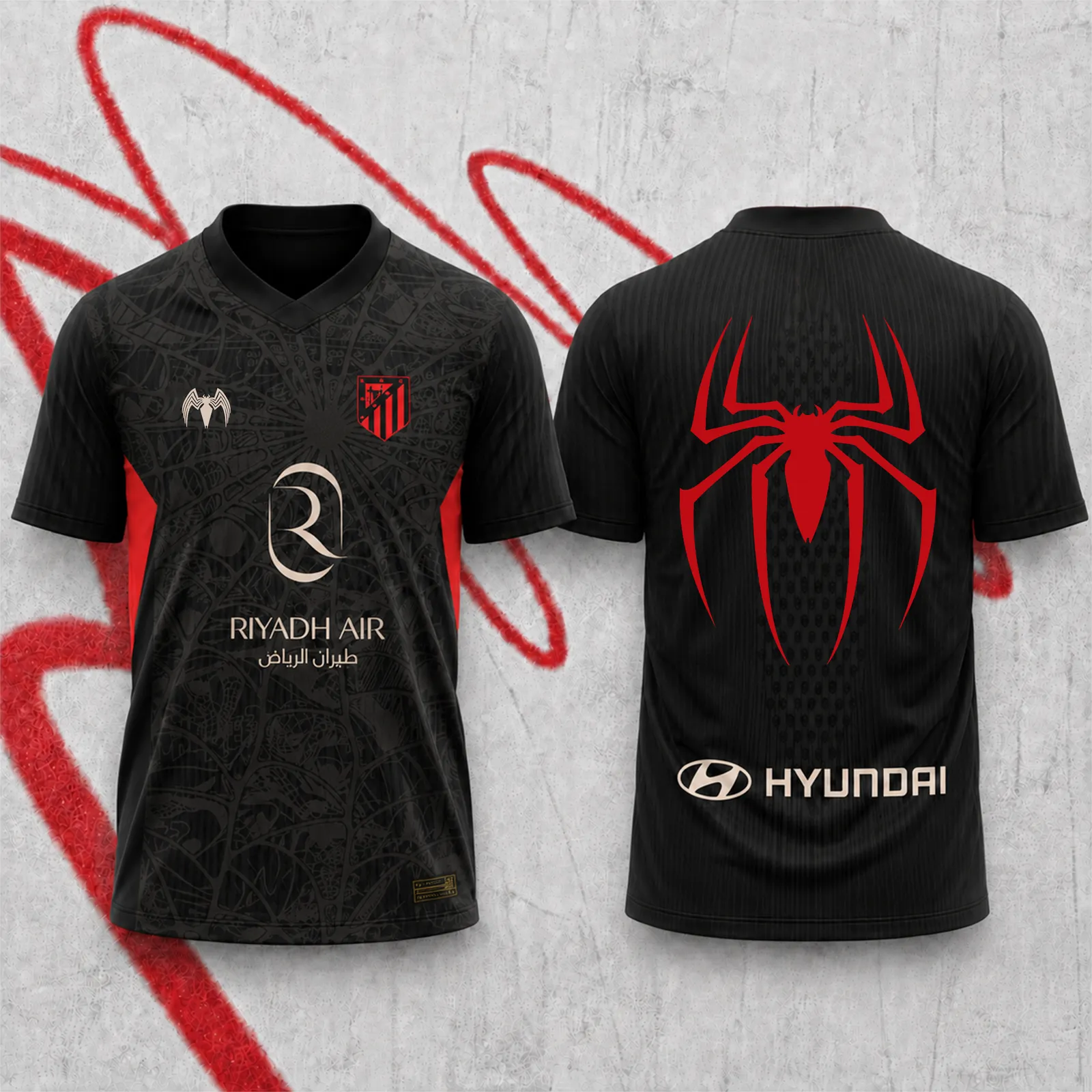 Spider-Man Red Emblem Football Jersey, Dark Web Pattern Superhero V-Neck Soccer Style Jersey Shirt, Black and Crimson Sports Tee for Fans
