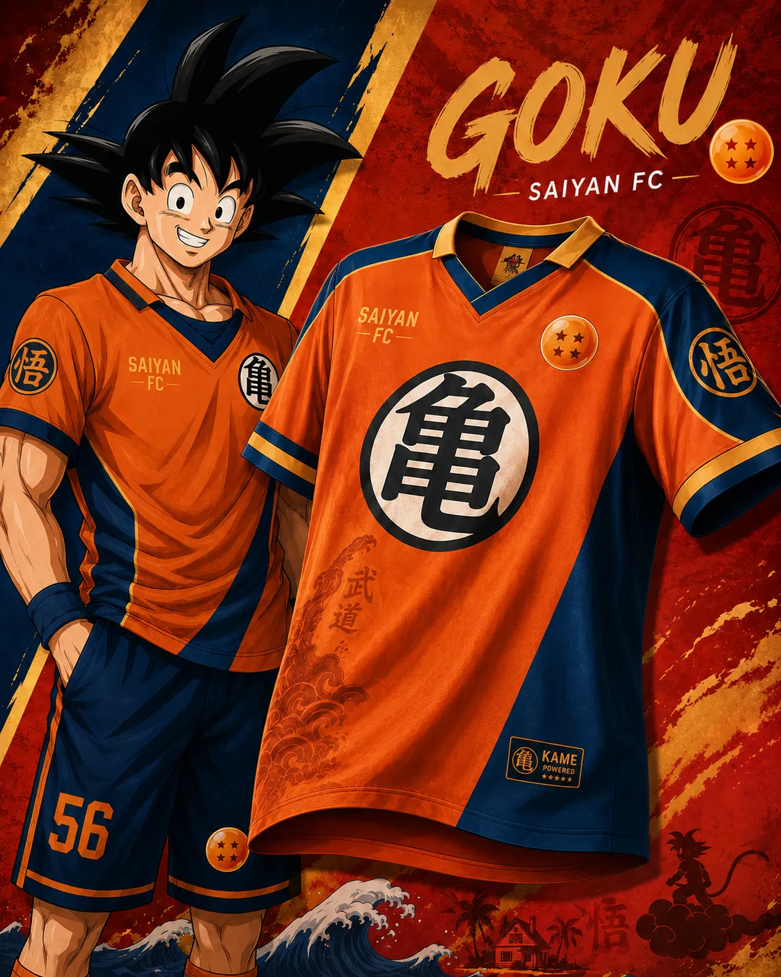 Dragon Ball Goku Saiyan FC Football Jersey, Kame Kanji Turtle School Four Star Orb Anime Collared Jersey Shirt, Orange Navy Blue Soccer Tee